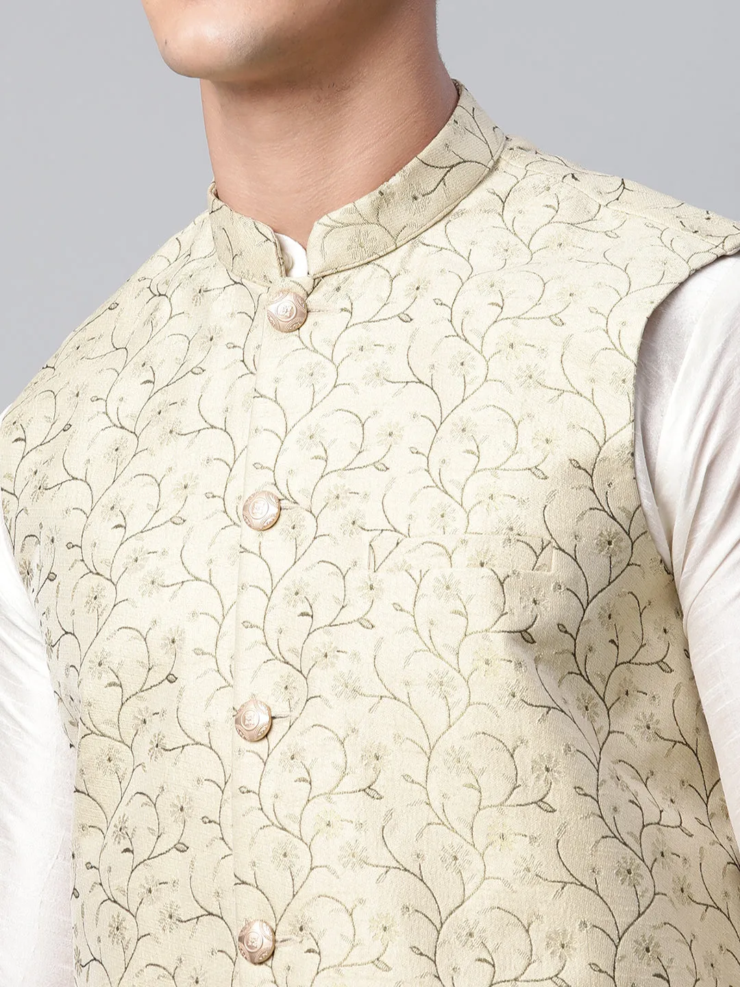 Men Dupion Silk Kurta Pyjama With Beige Printed Nehru Jacket