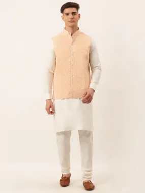 Men White Cotton Blend Kurta with Pyjamas & Orange Embroidered Nehru Jacket