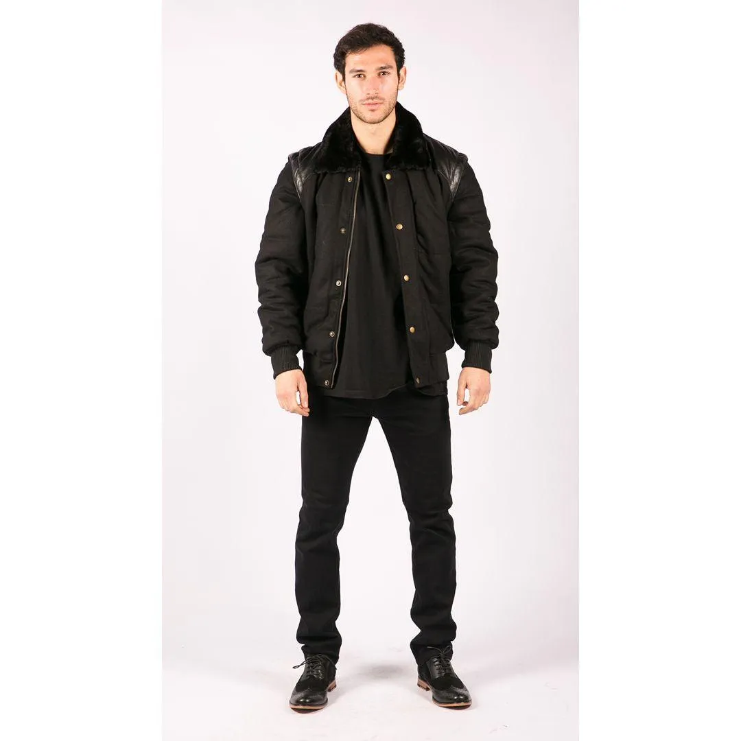 Men's Black Leather Shoulder Patches Bomber Jacket with Removable Sleeves