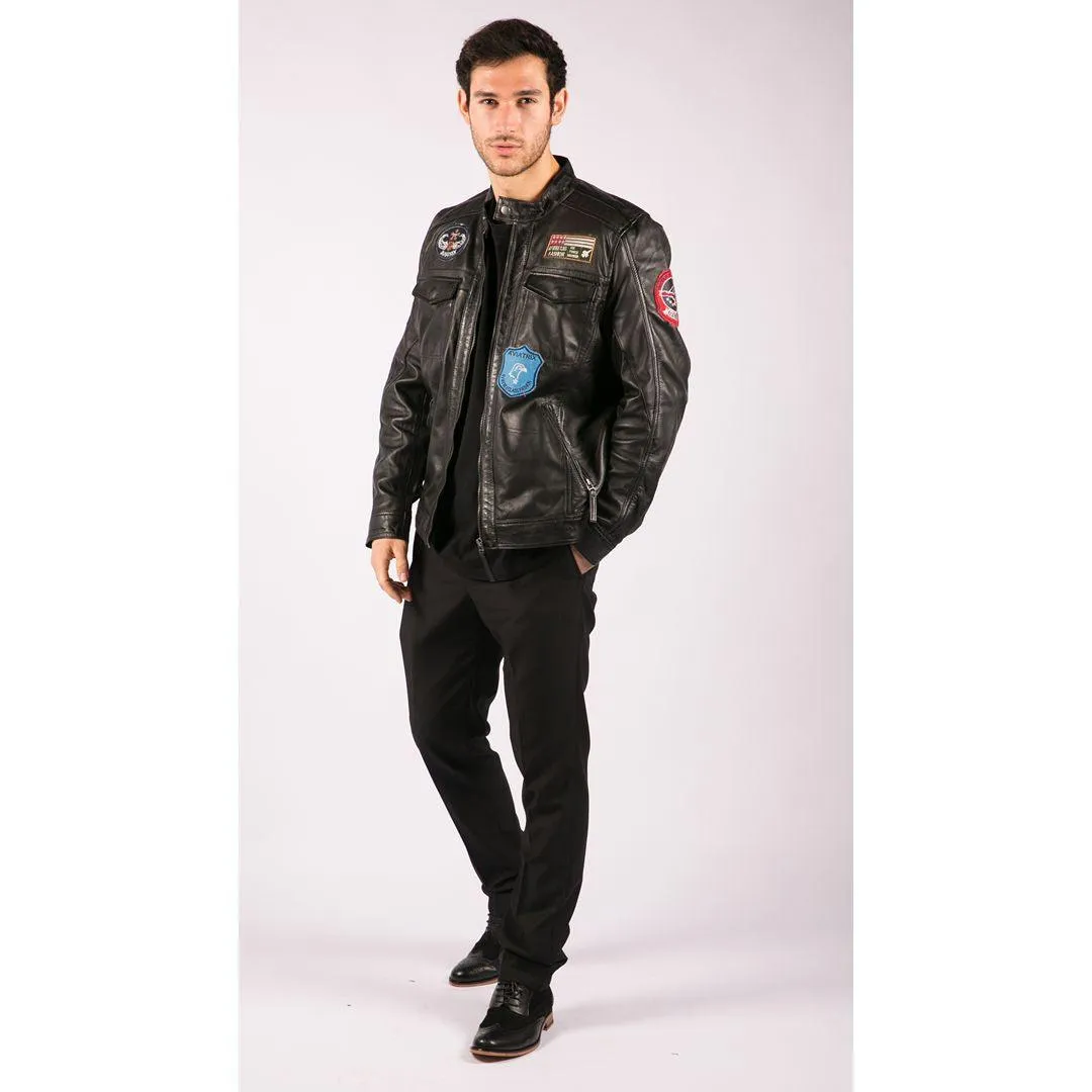 Mens Black Real Leather Zip Jacket Badge Design Racing US Pilot Casual