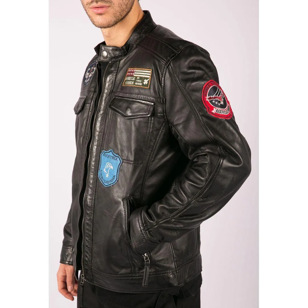 Mens Black Real Leather Zip Jacket Badge Design Racing US Pilot Casual