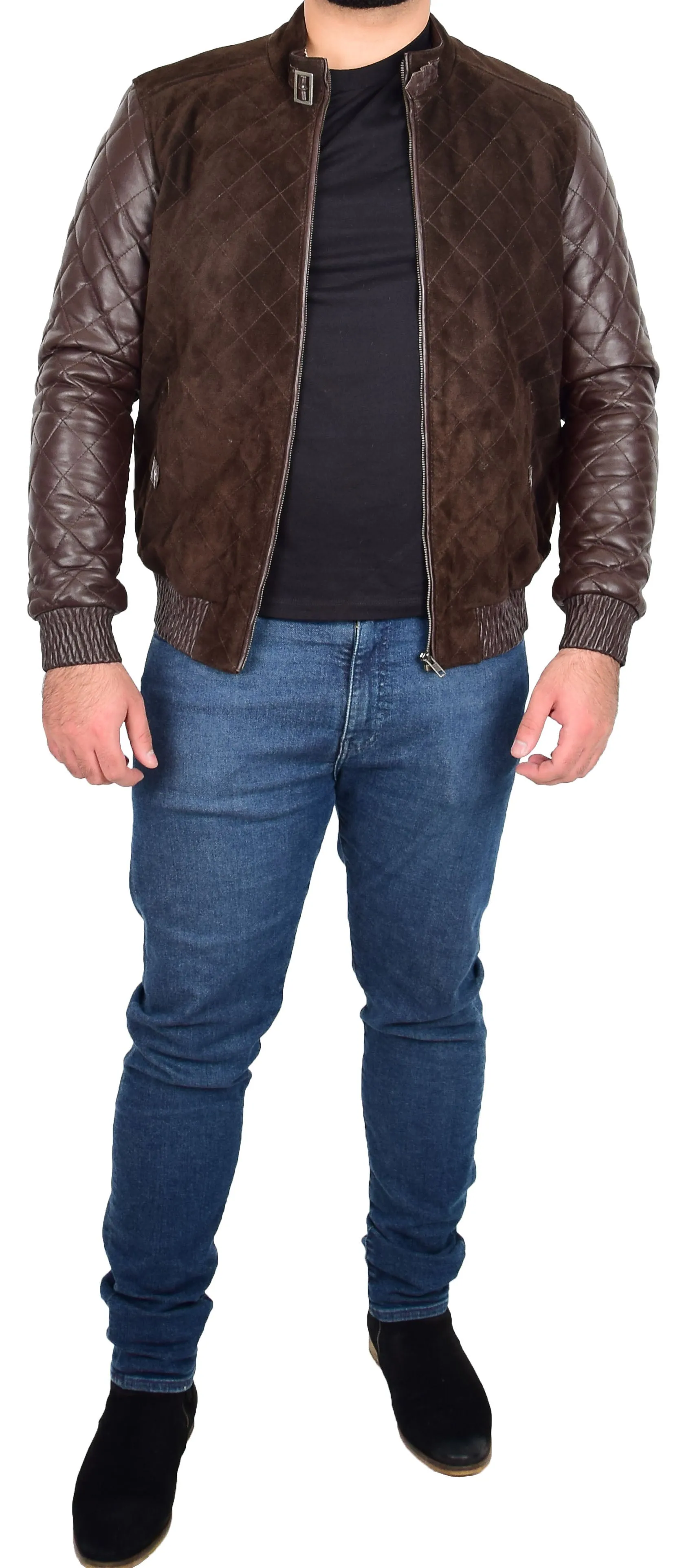 Mens Bomber Jacket Brown Suede and Leather Slim Fit Fully Quilted - Axel