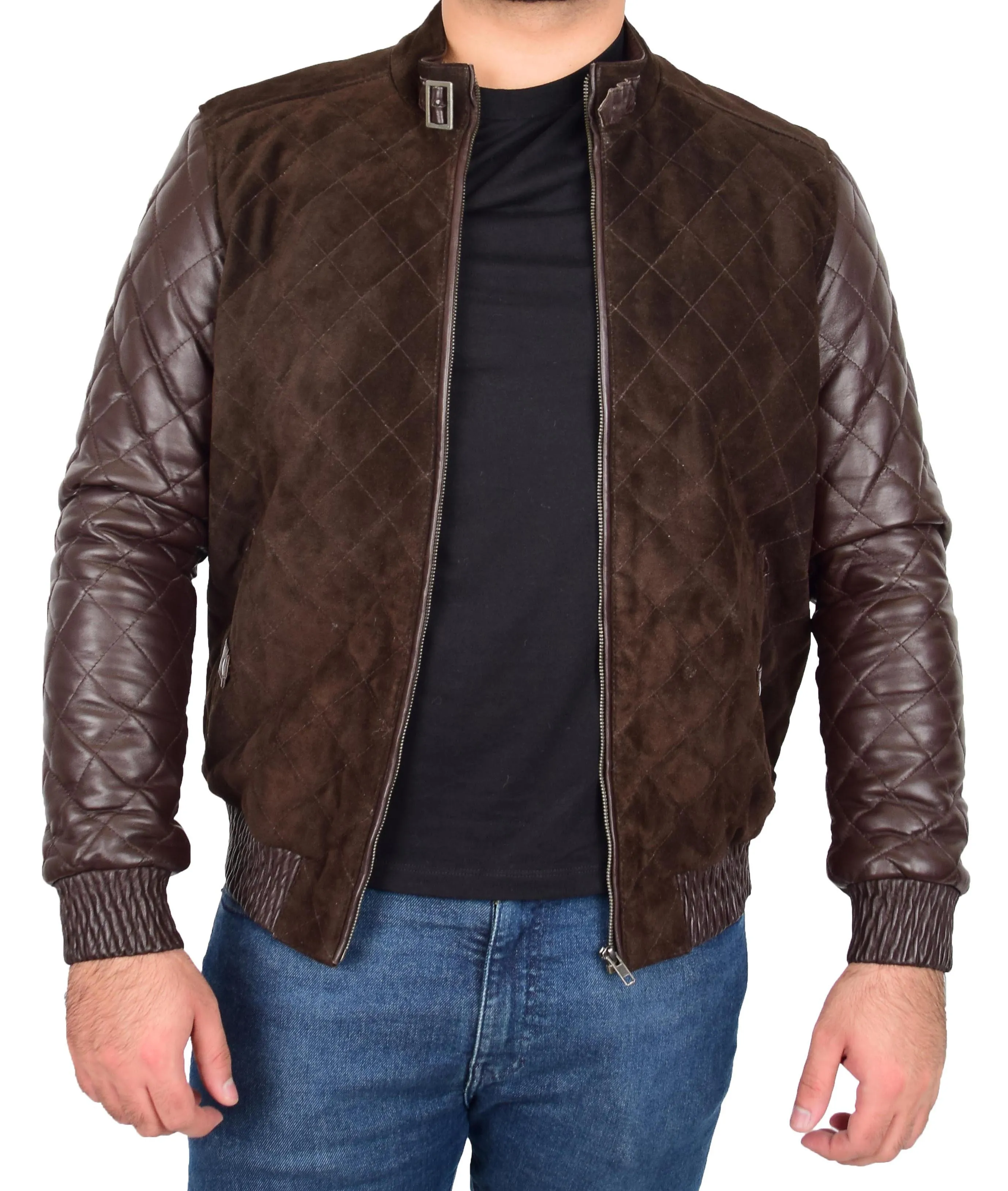 Mens Bomber Jacket Brown Suede and Leather Slim Fit Fully Quilted - Axel