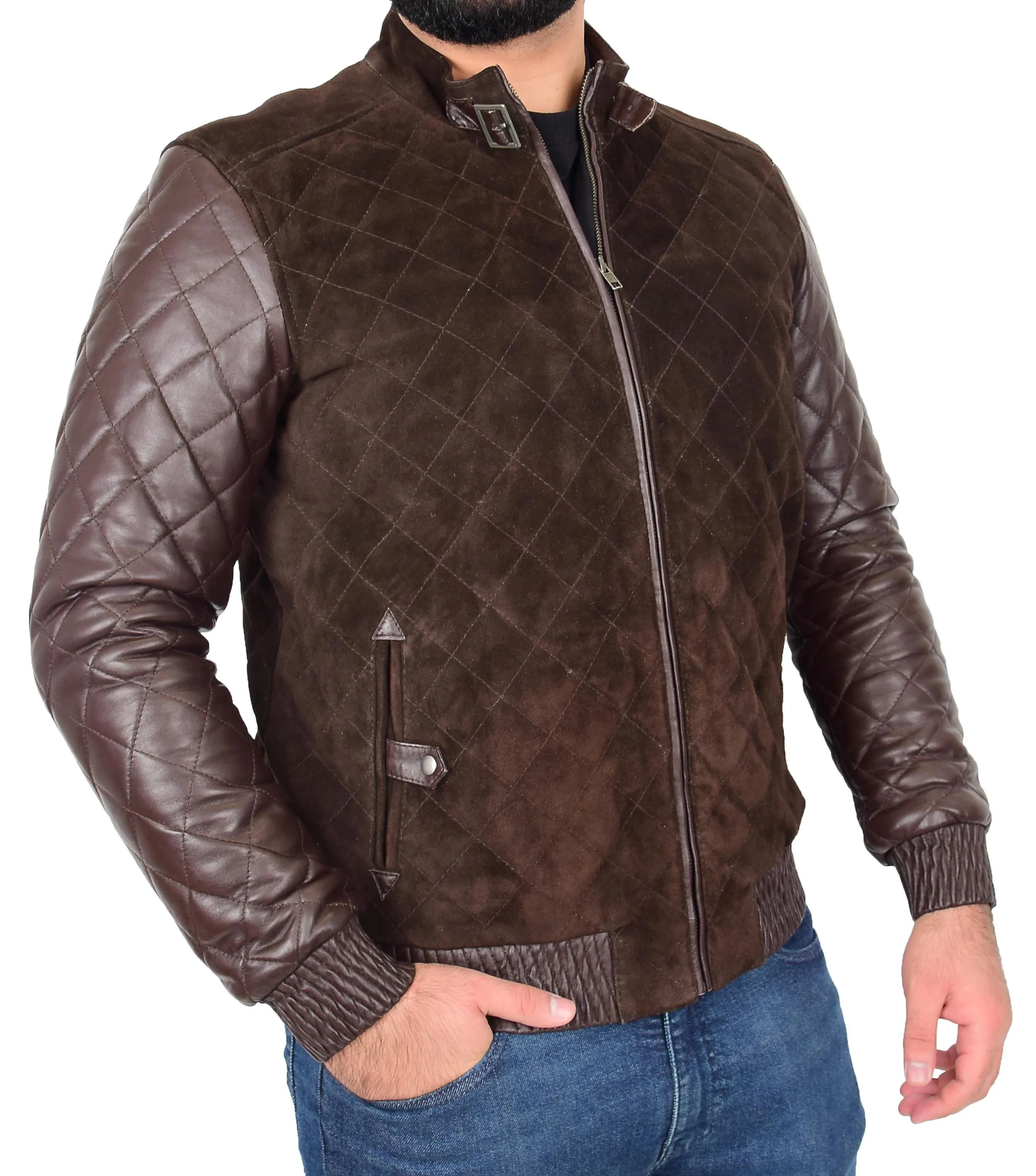 Mens Bomber Jacket Brown Suede and Leather Slim Fit Fully Quilted - Axel