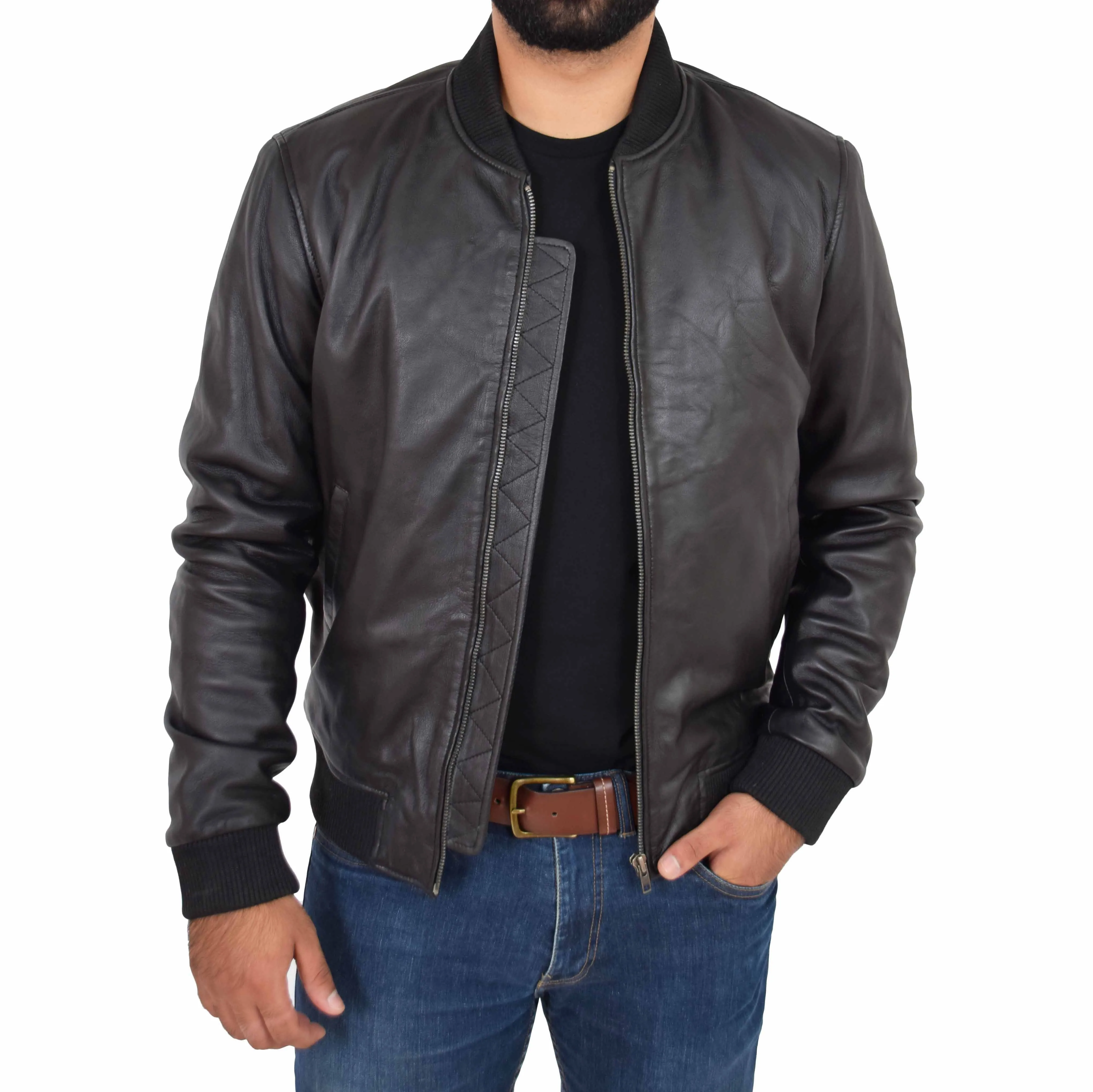 Mens Genuine Leather Bomber Jacket Jaxson Black