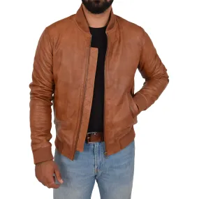 Mens Genuine Leather Bomber Jacket Jaxson Cognac