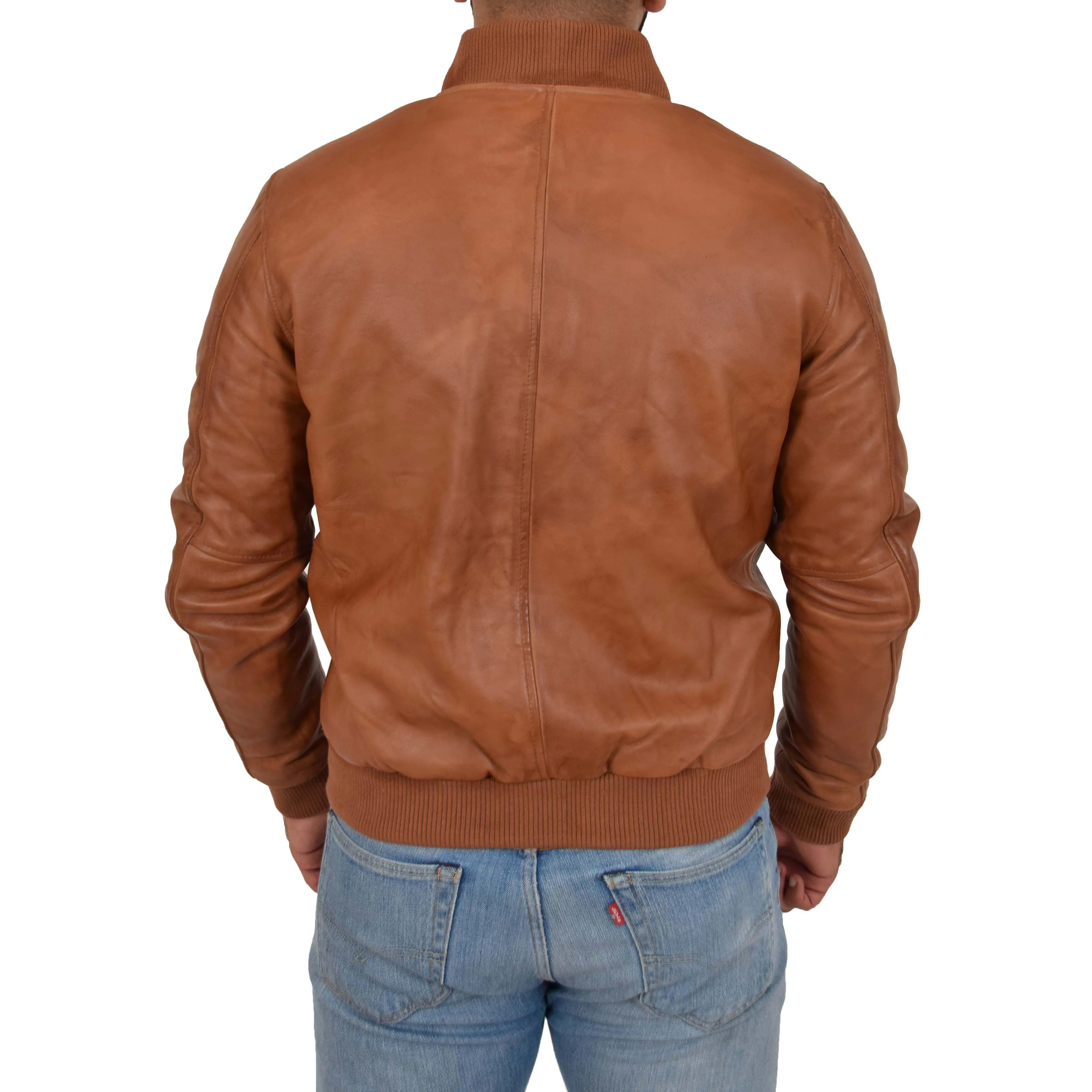 Mens Genuine Leather Bomber Jacket Jaxson Cognac