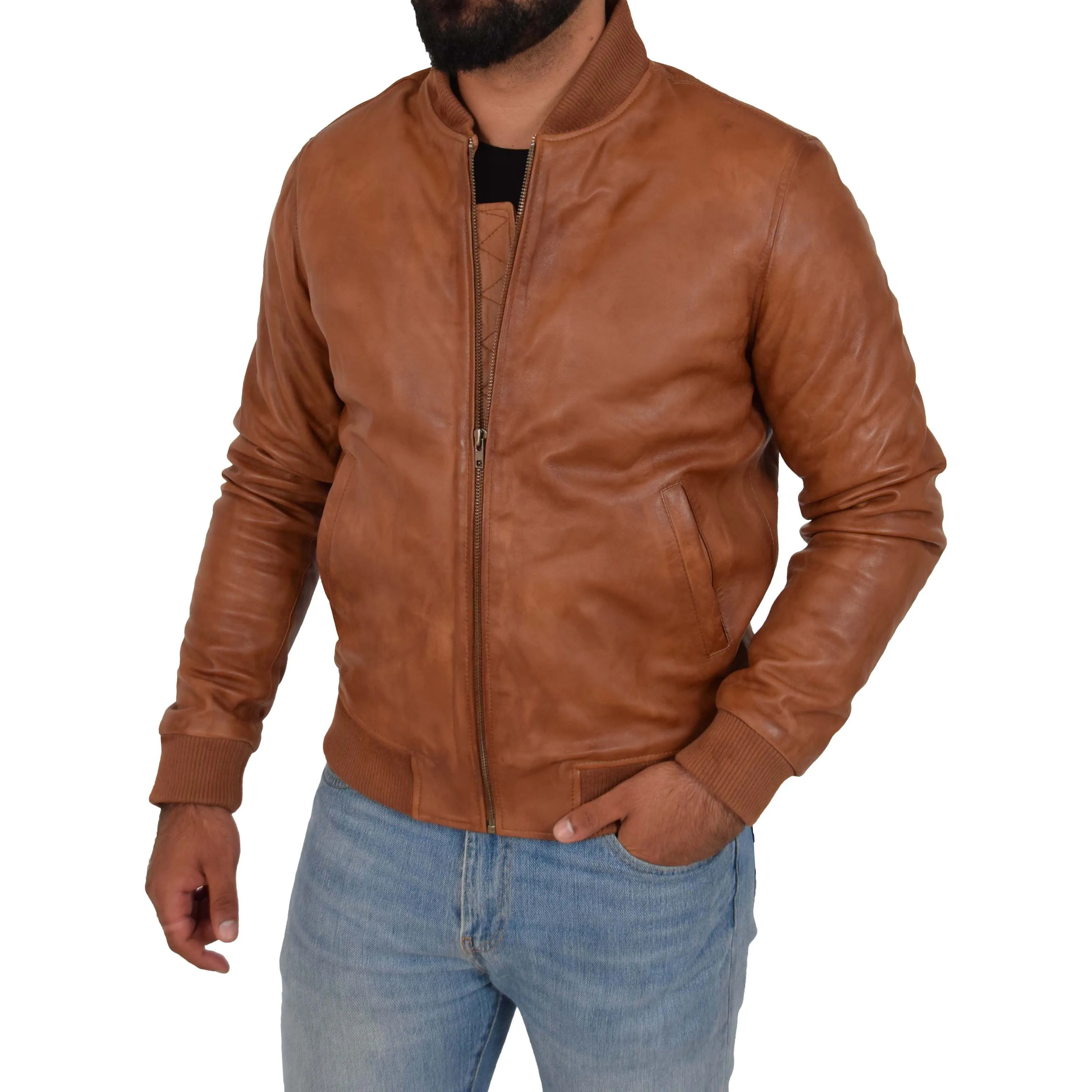 Mens Genuine Leather Bomber Jacket Jaxson Cognac