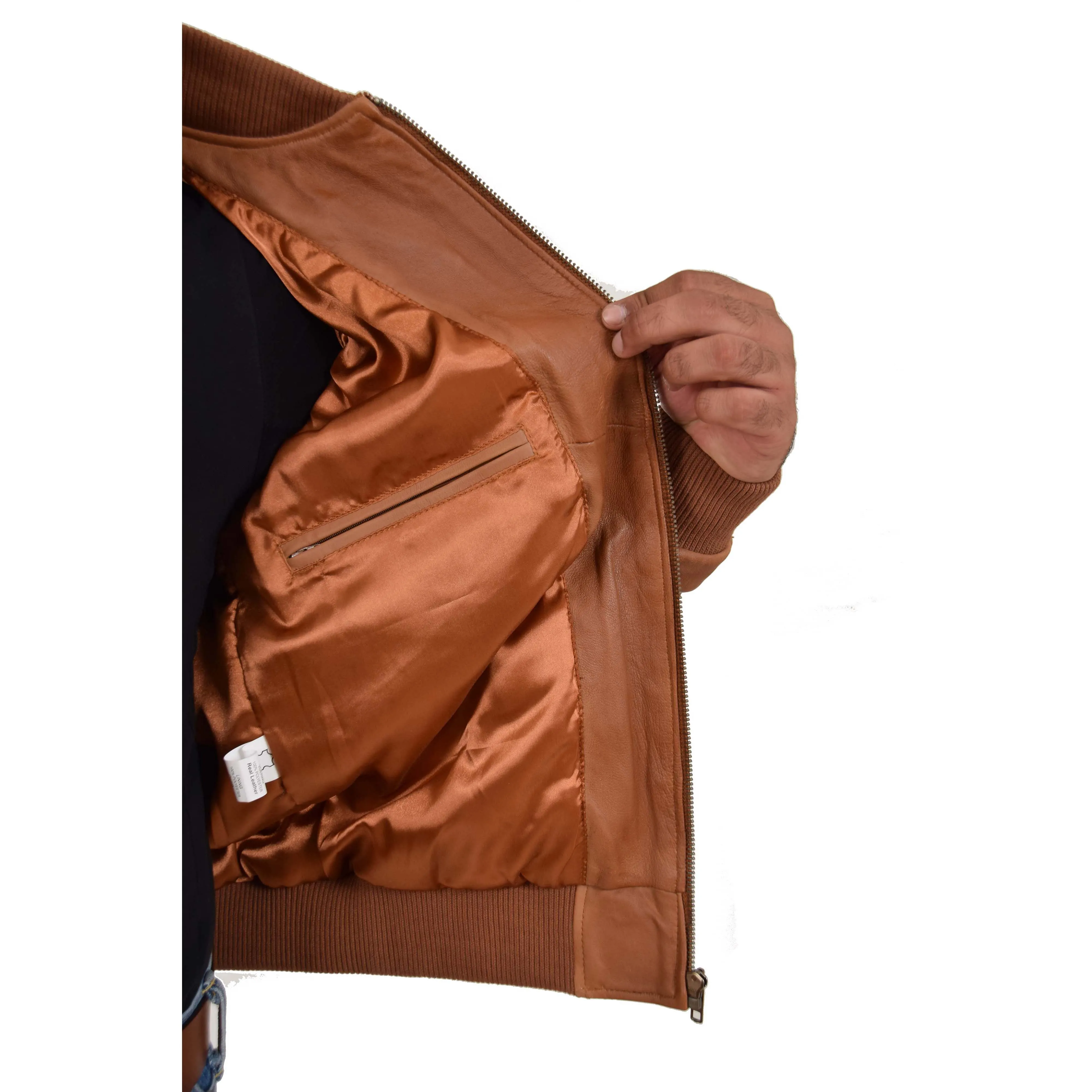 Mens Genuine Leather Bomber Jacket Jaxson Cognac