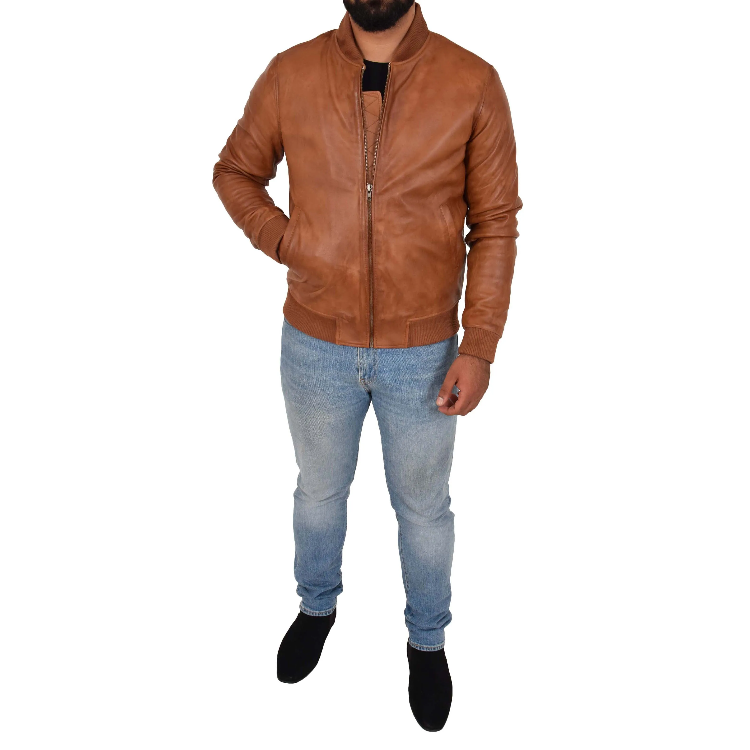 Mens Genuine Leather Bomber Jacket Jaxson Cognac