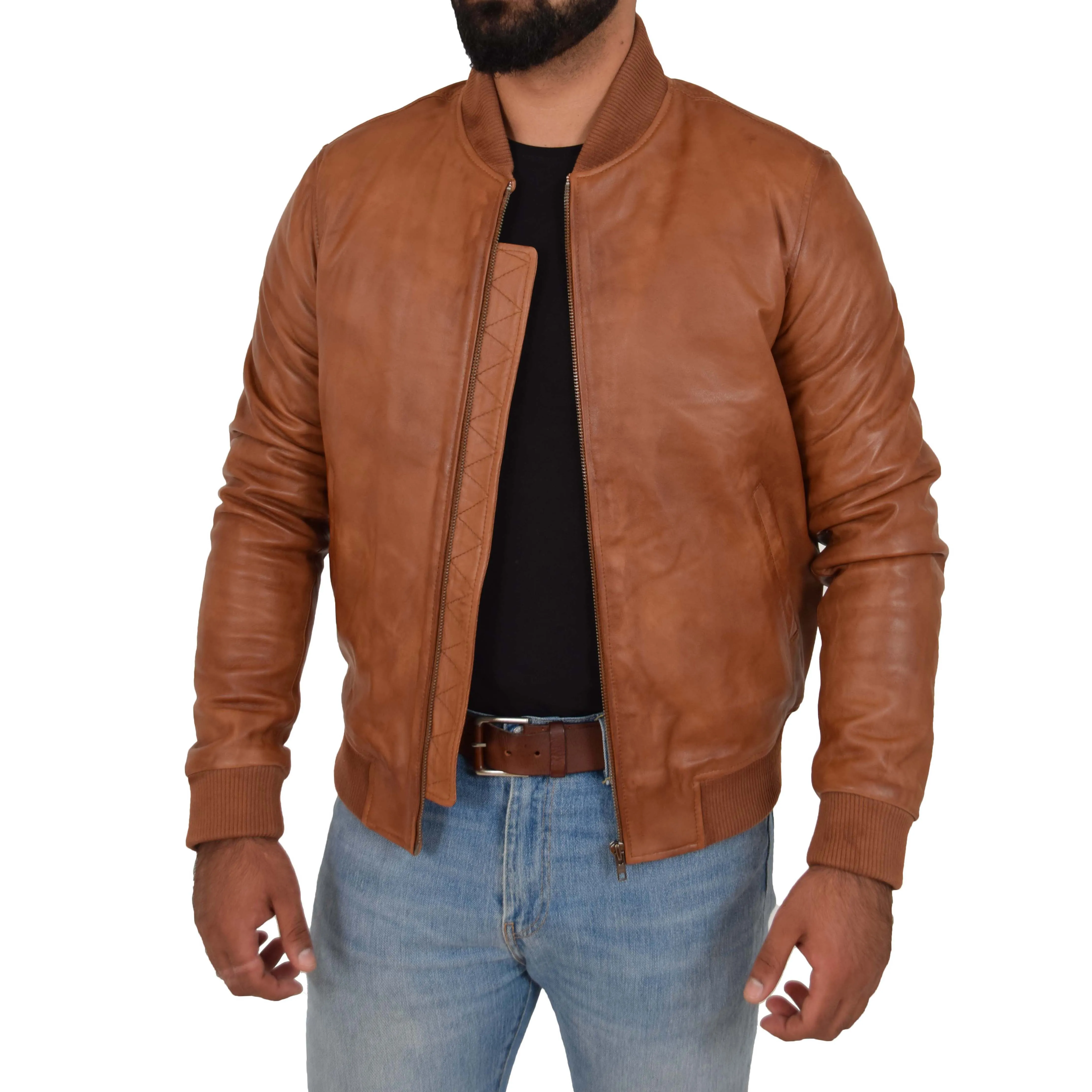 Mens Genuine Leather Bomber Jacket Jaxson Cognac