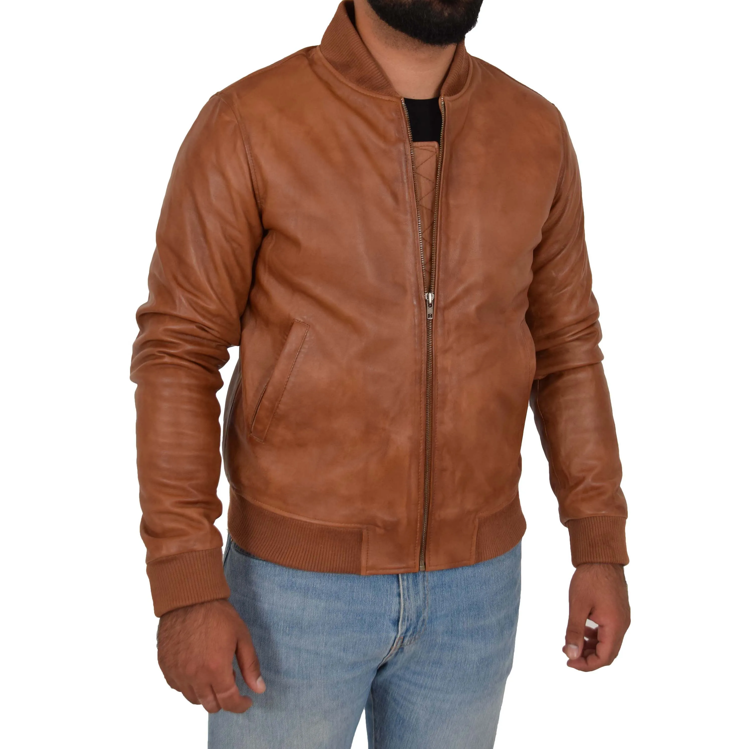 Mens Genuine Leather Bomber Jacket Jaxson Cognac