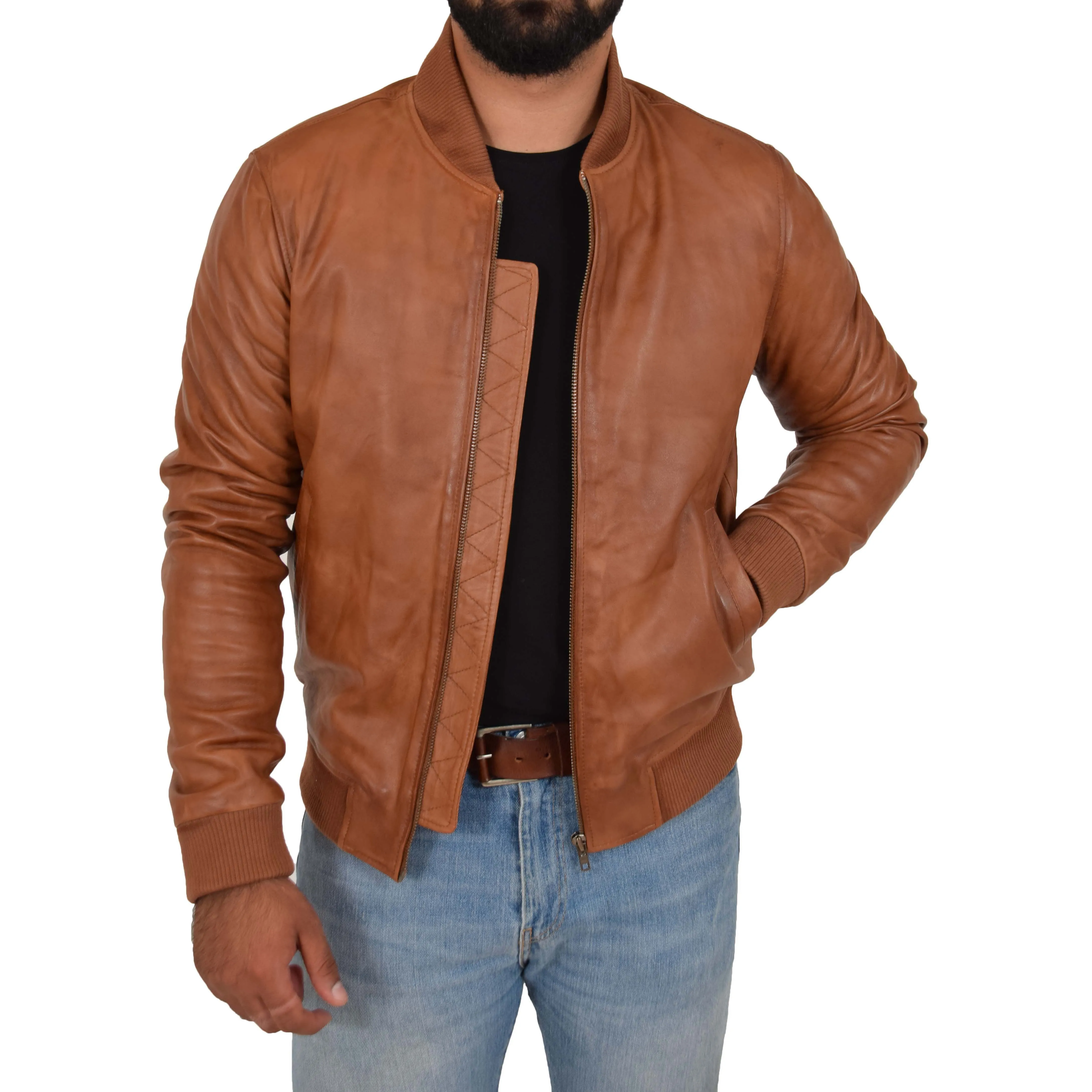 Mens Genuine Leather Bomber Jacket Jaxson Cognac