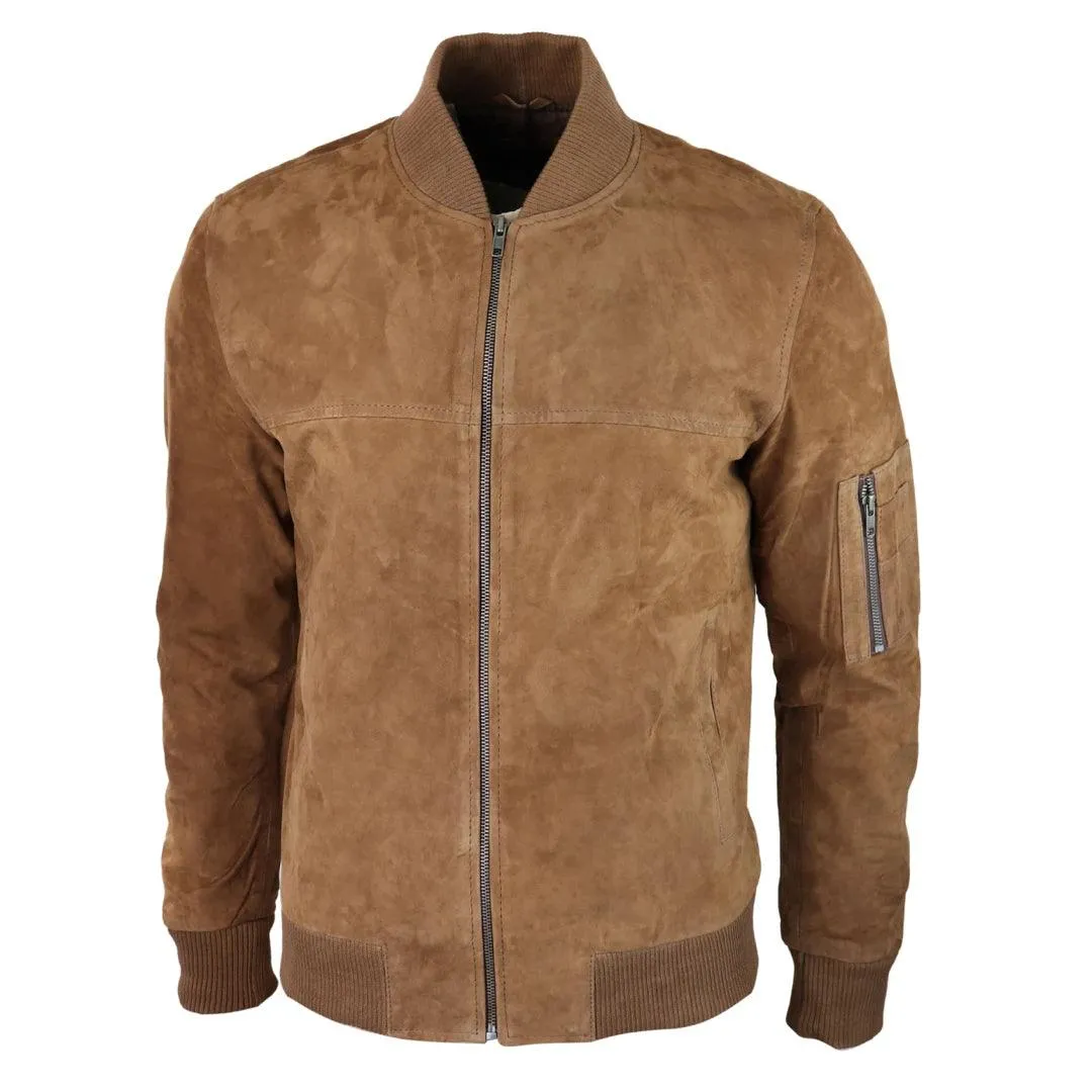 Mens Genuine Suede Bomber Jacket Leather Casual Varsity VIntage Smart Casual