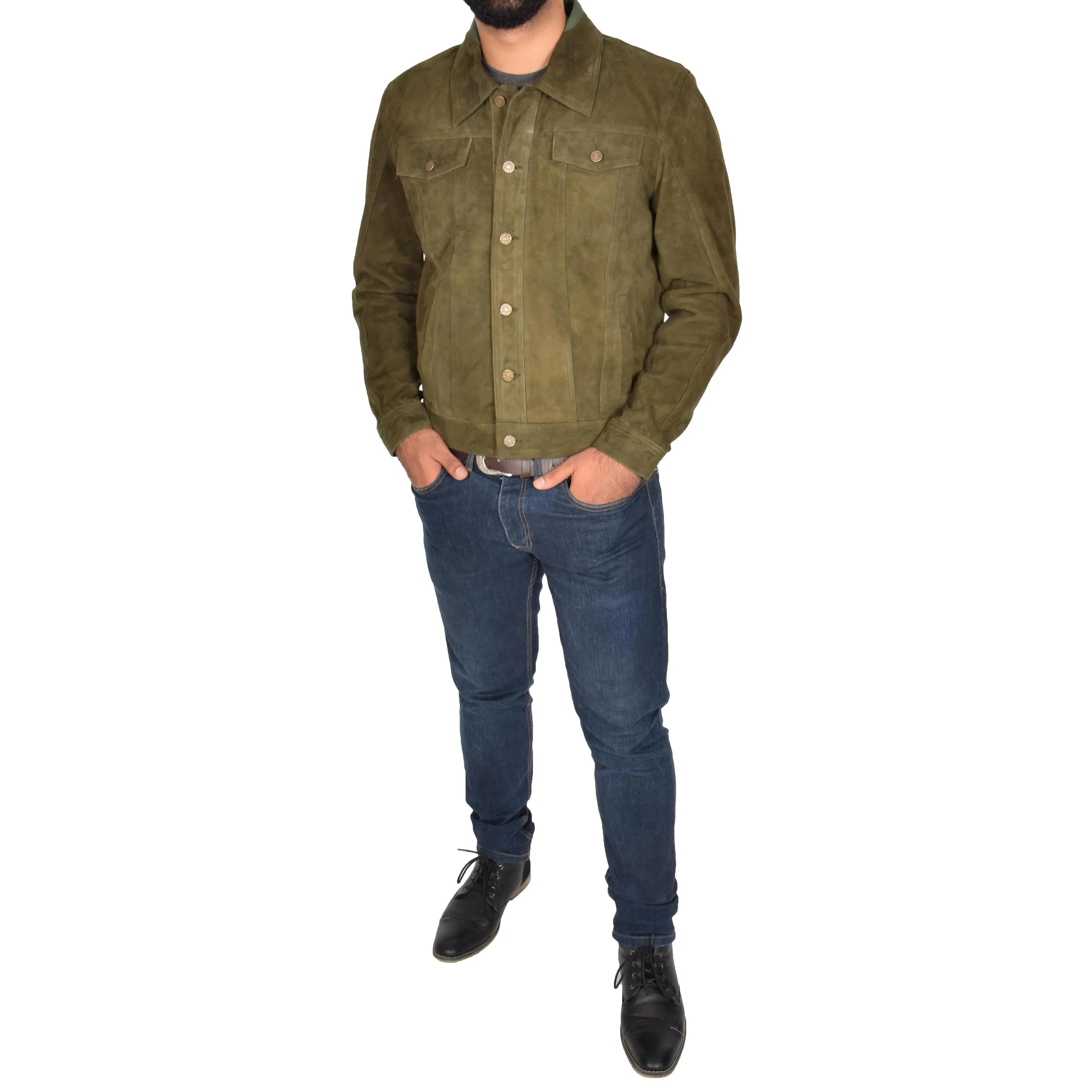 Mens Real Soft Goat Suede Trucker Denim Style Jacket Chuck Green