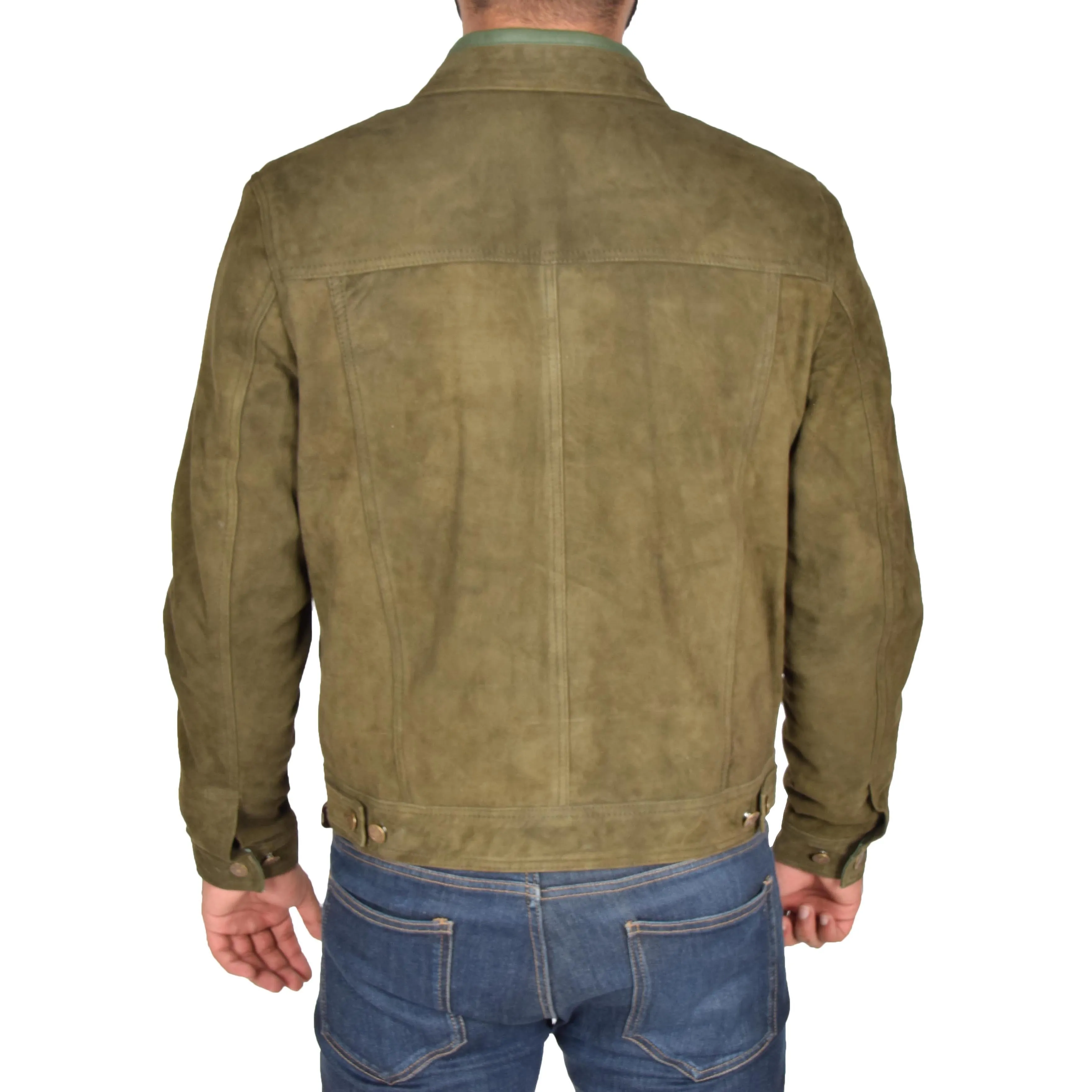 Mens Real Soft Goat Suede Trucker Denim Style Jacket Chuck Green