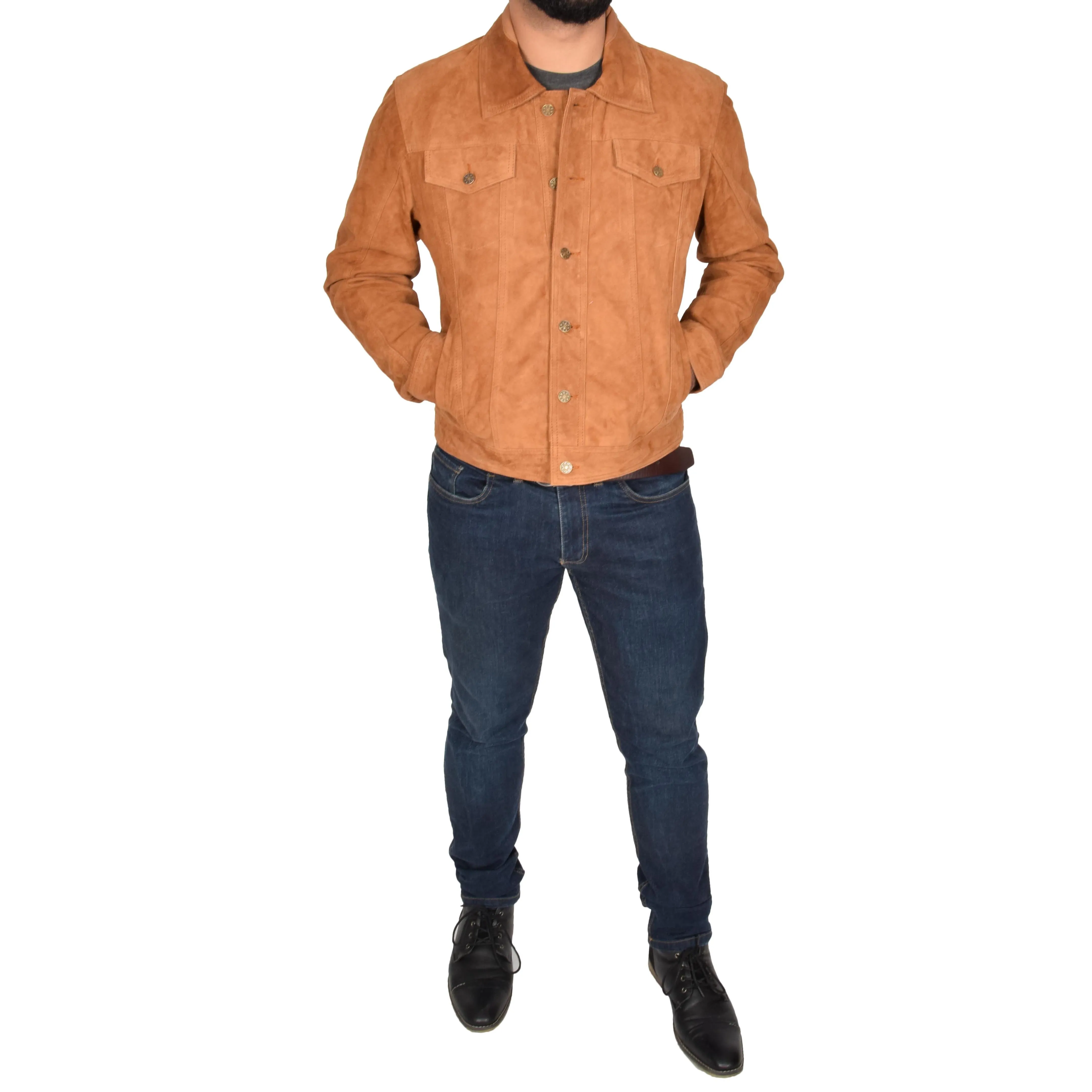 Mens Real Soft Goat Suede Trucker Denim Style Jacket Chuck Tan