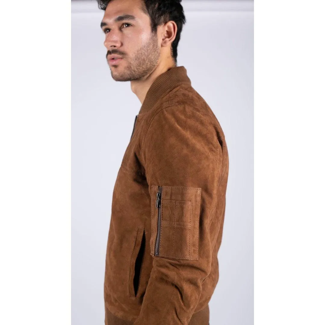 Mens Real Suede Leather Varsity Bomber College Jacket Classic Retro Vintage Camel Black