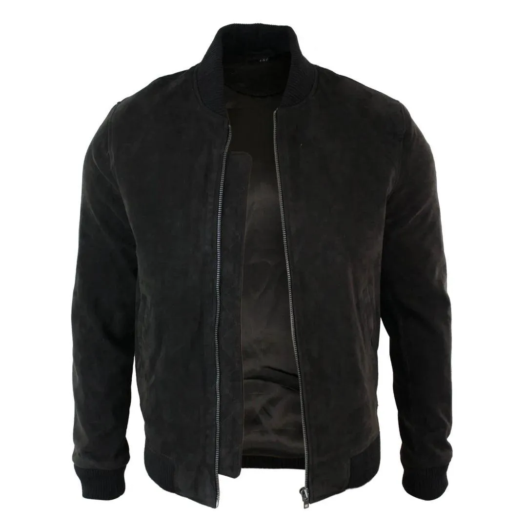 Mens Real Suede Leather Varsity Bomber College Jacket Classic Retro Vintage Camel Black