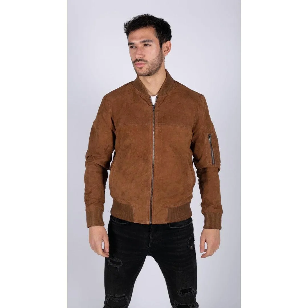 Mens Real Suede Leather Varsity Bomber College Jacket Classic Retro Vintage Camel Black