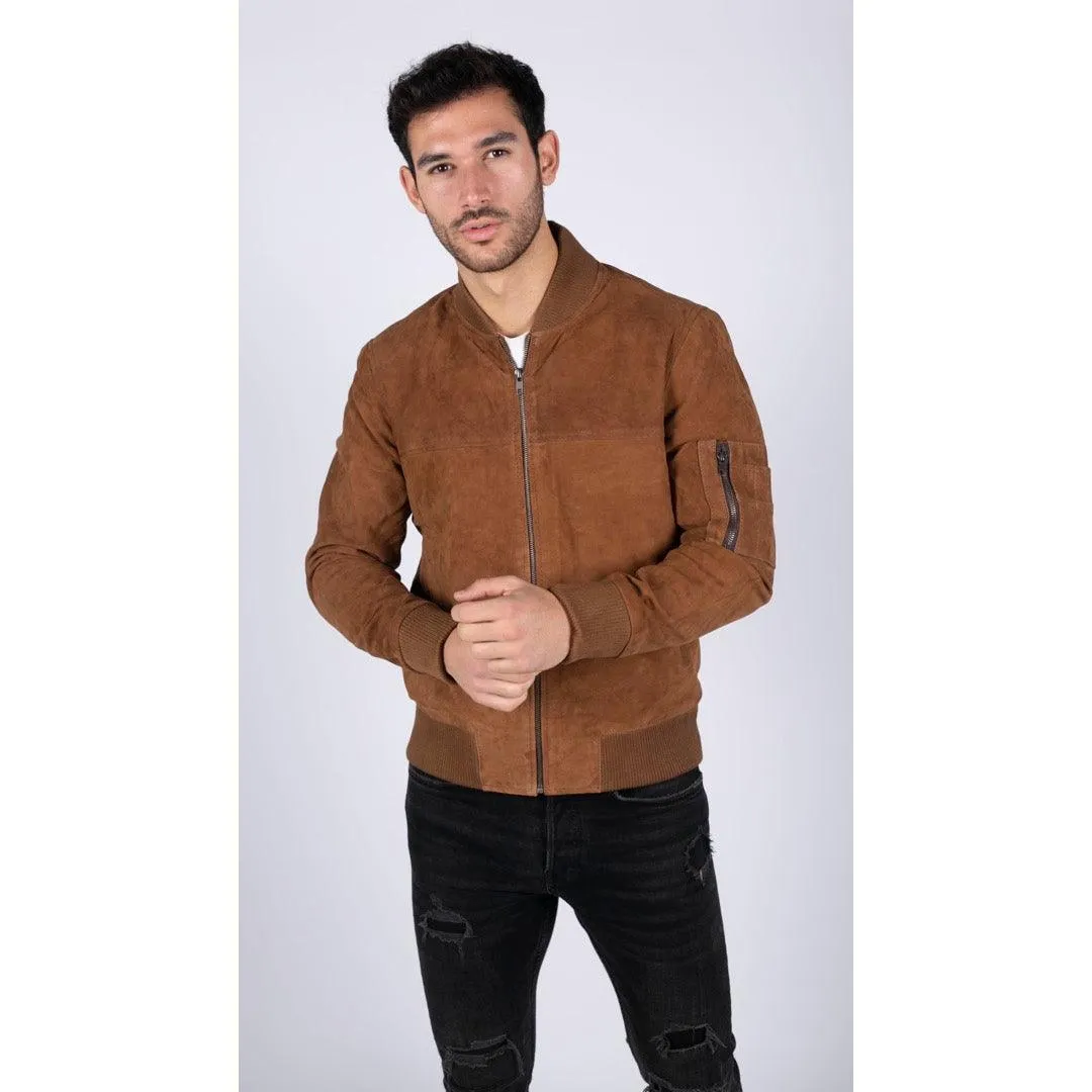 Mens Real Suede Leather Varsity Bomber College Jacket Classic Retro Vintage Camel Black