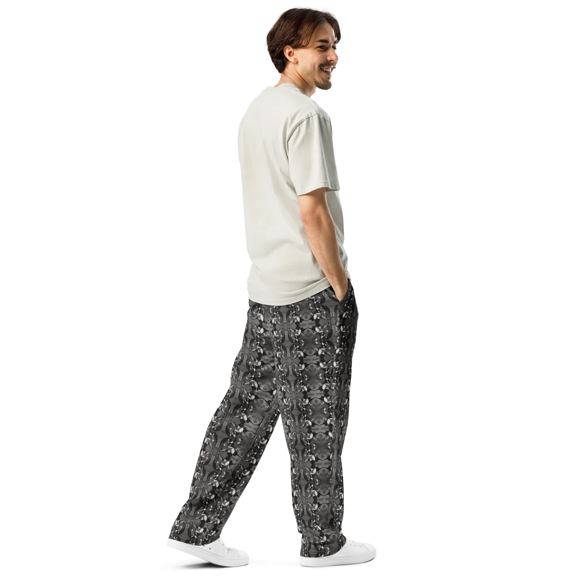 Men's Recycled Polyester Wide-Leg Joggers with Black and White Bird Pattern