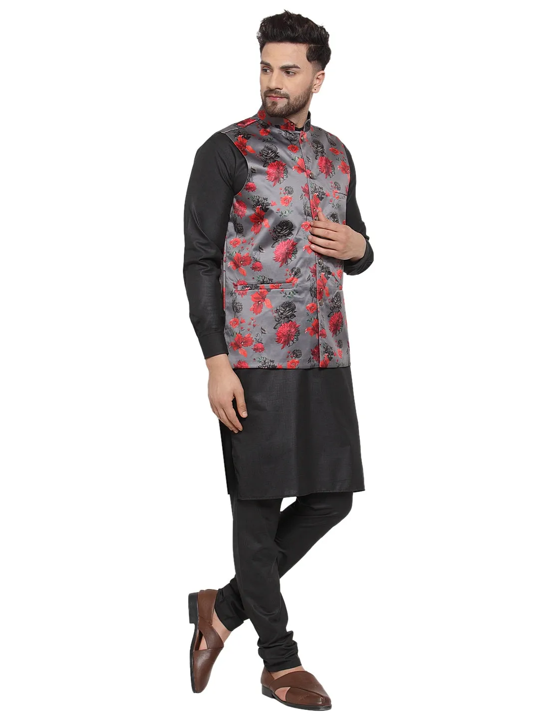 Men's Solid Cotton Kurta Pajama with Printed Waistcoat ( JOKP WC 4061 Grey-B ) - Virat Fashions