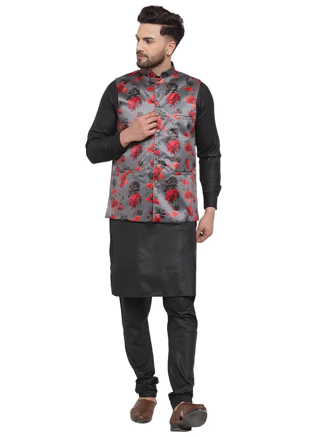 Men's Solid Cotton Kurta Pajama with Printed Waistcoat ( JOKP WC 4061 Grey-B ) - Virat Fashions