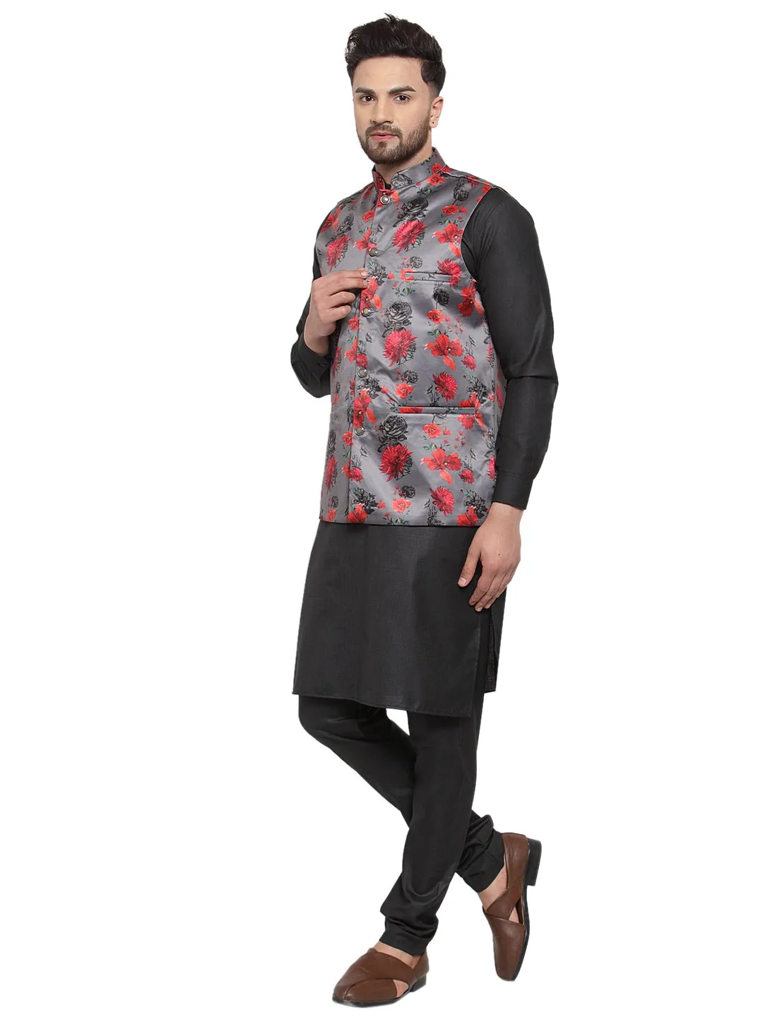 Men's Solid Cotton Kurta Pajama with Printed Waistcoat ( JOKP WC 4061 Grey-B ) - Virat Fashions