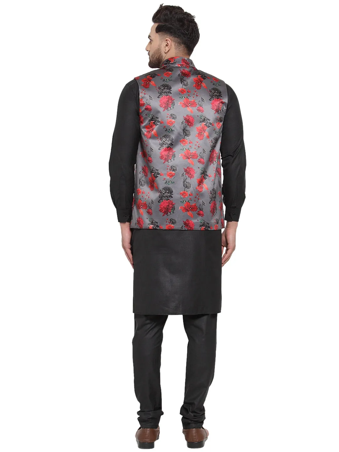 Men's Solid Cotton Kurta Pajama with Printed Waistcoat ( JOKP WC 4061 Grey-B ) - Virat Fashions