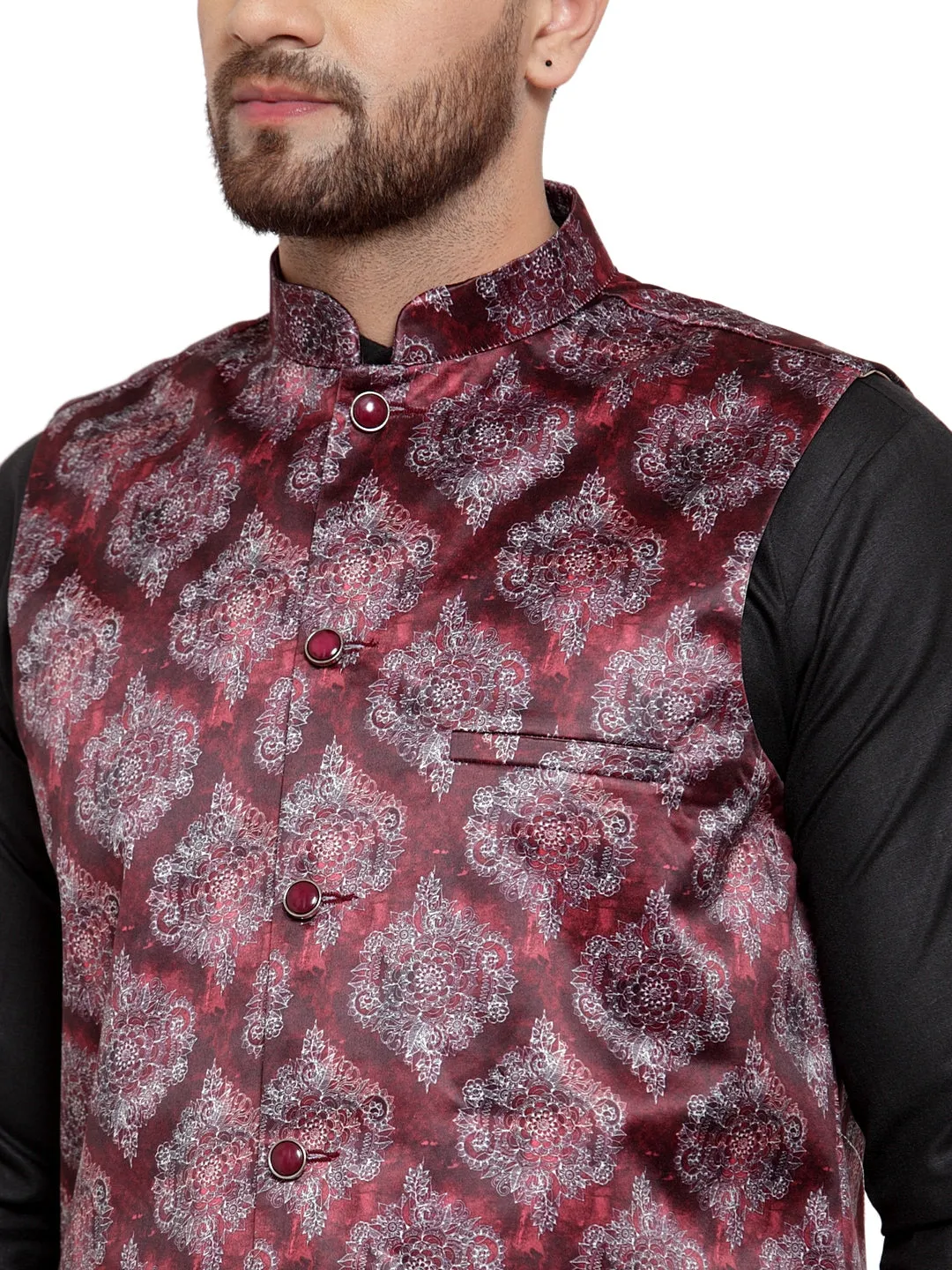 Men's Solid Cotton Kurta Pajama with Printed Waistcoat ( JOKP WC 4061 Maroon-B ) - Virat Fashions