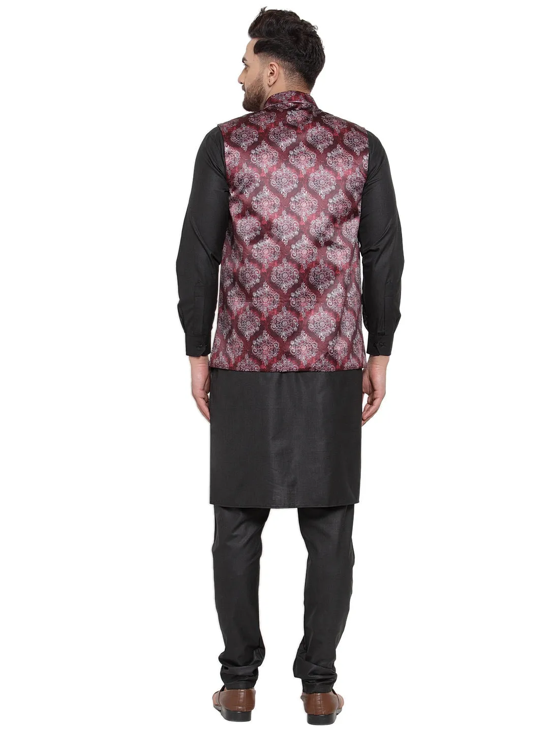 Men's Solid Cotton Kurta Pajama with Printed Waistcoat ( JOKP WC 4061 Maroon-B ) - Virat Fashions