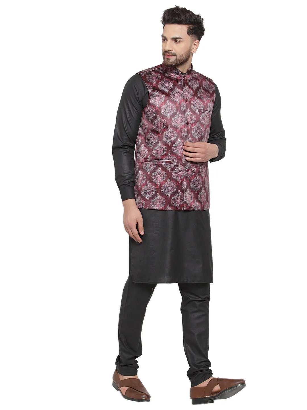 Men's Solid Cotton Kurta Pajama with Printed Waistcoat ( JOKP WC 4061 Maroon-B ) - Virat Fashions