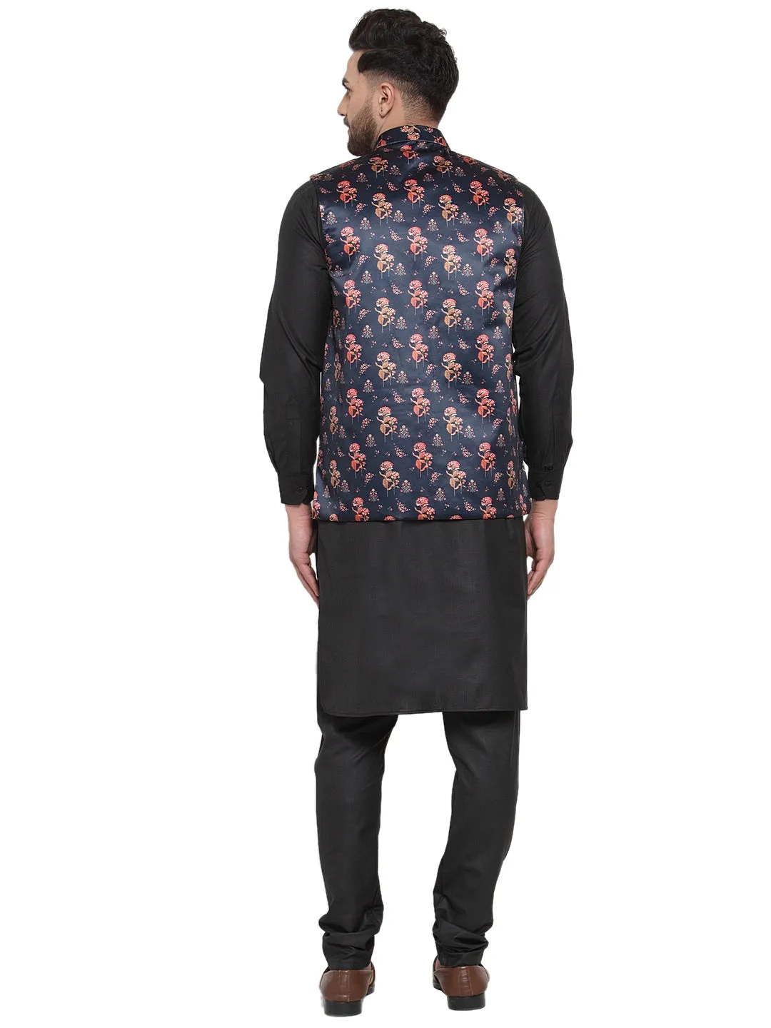 Men's Solid Cotton Kurta Pajama with Printed Waistcoat ( JOKP WC 4061 Navy-B ) - Virat Fashions