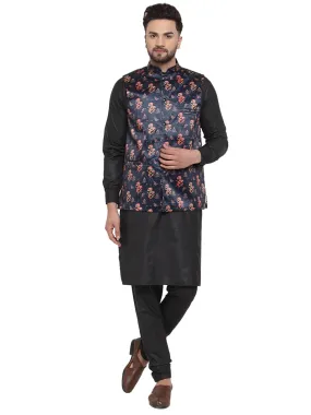 Men's Solid Cotton Kurta Pajama with Printed Waistcoat ( JOKP WC 4061 Navy-B ) - Virat Fashions