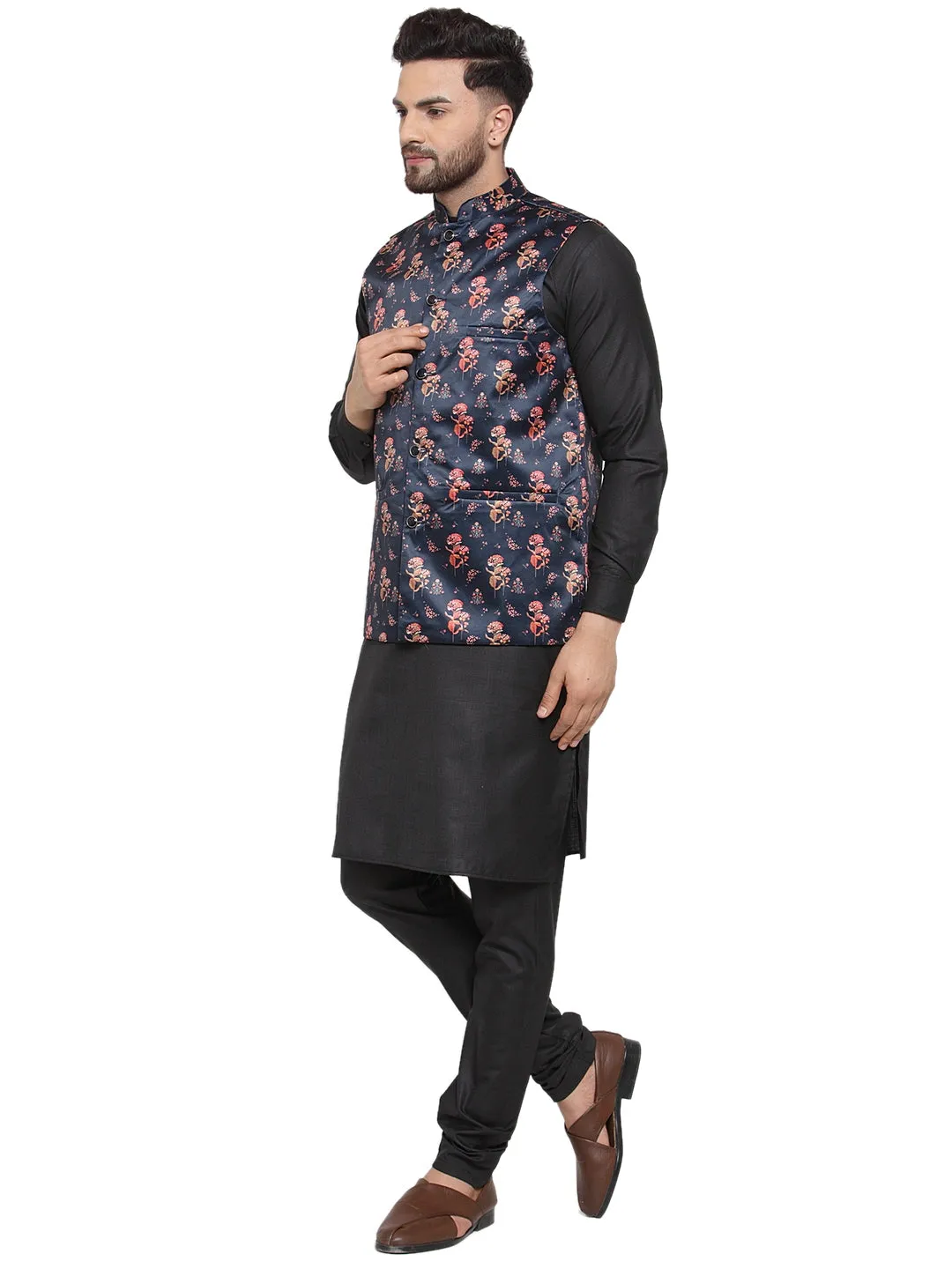 Men's Solid Cotton Kurta Pajama with Printed Waistcoat ( JOKP WC 4061 Navy-B ) - Virat Fashions