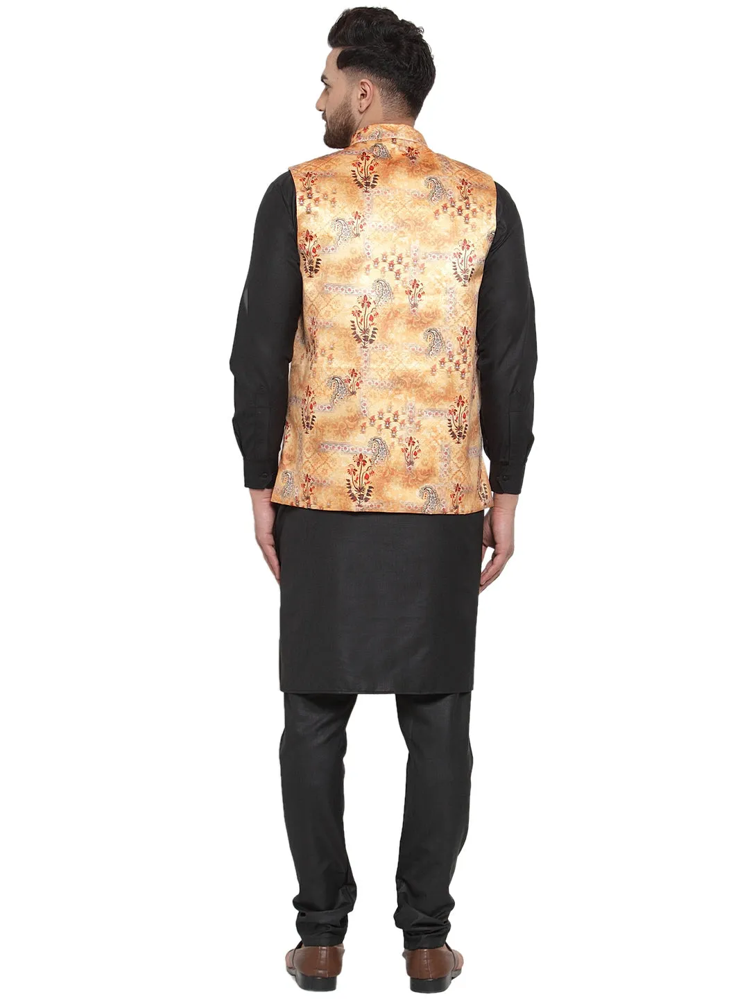 Men's Solid Cotton Kurta Pajama with Printed Waistcoat ( JOKP WC 4061 Orange-B ) - Virat Fashions