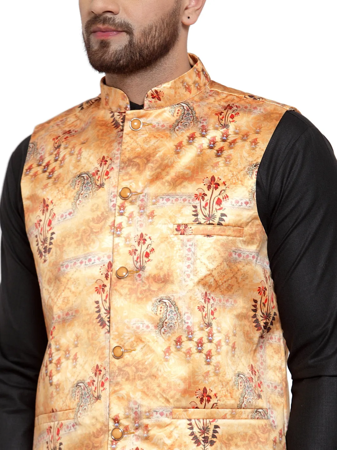 Men's Solid Cotton Kurta Pajama with Printed Waistcoat ( JOKP WC 4061 Orange-B ) - Virat Fashions