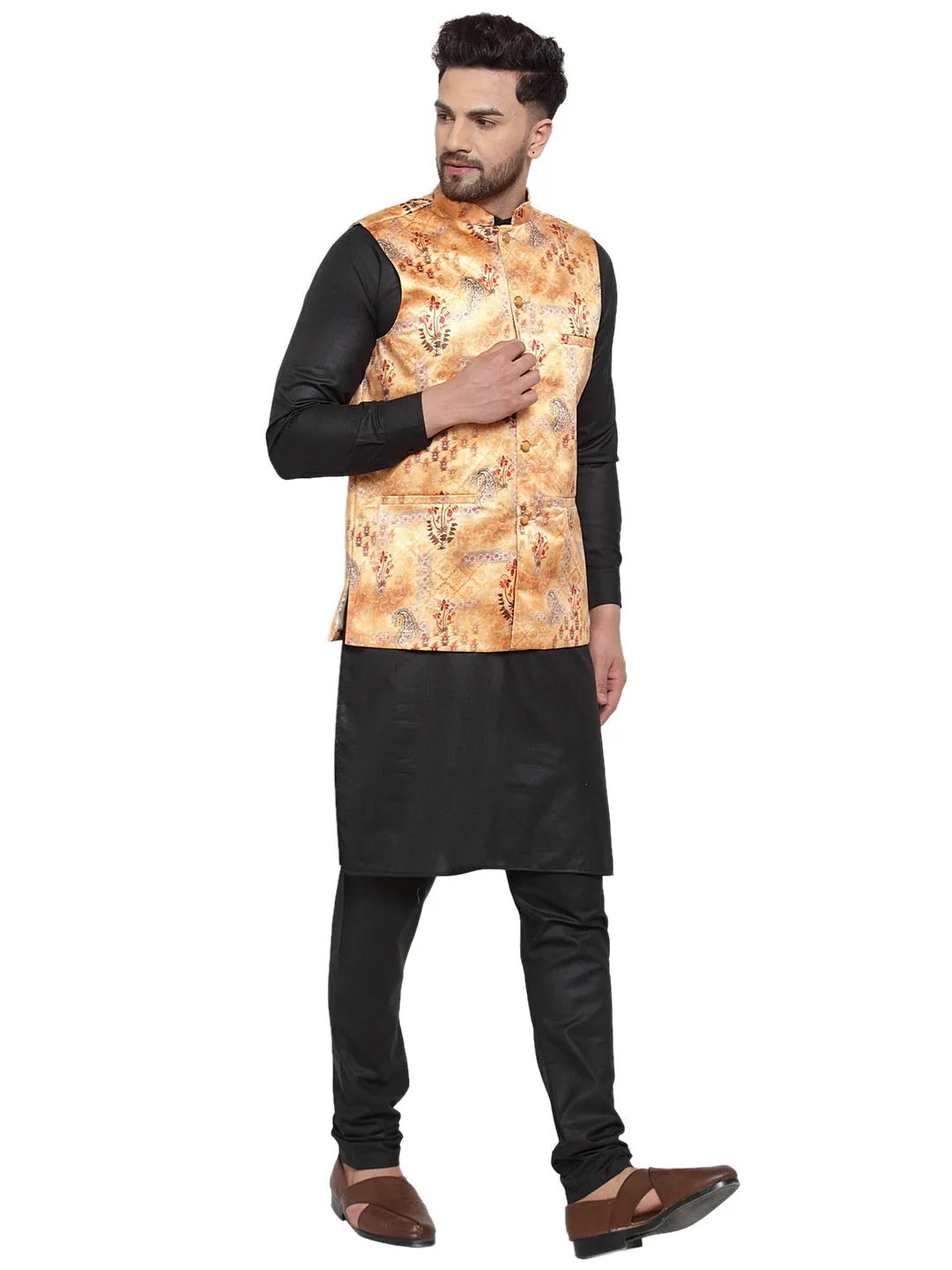 Men's Solid Cotton Kurta Pajama with Printed Waistcoat ( JOKP WC 4061 Orange-B ) - Virat Fashions