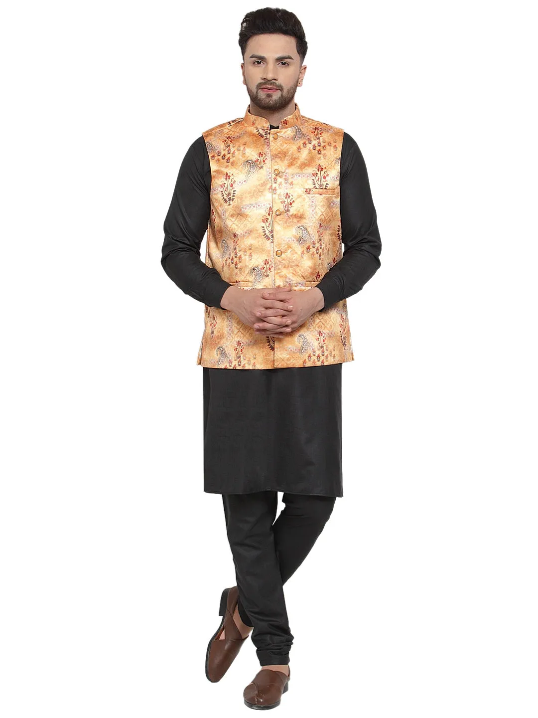 Men's Solid Cotton Kurta Pajama with Printed Waistcoat ( JOKP WC 4061 Orange-B ) - Virat Fashions