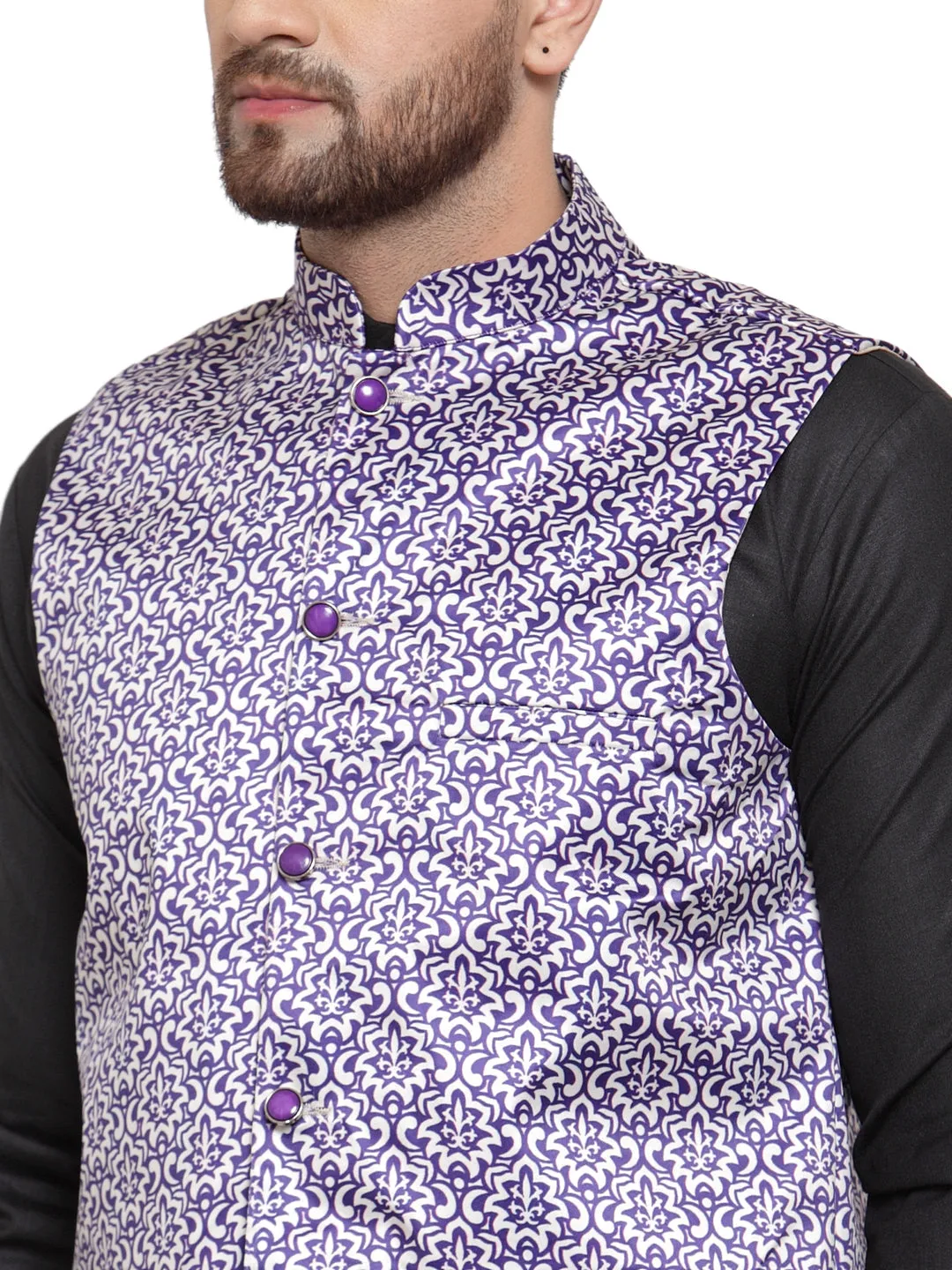 Men's Solid Cotton Kurta Pajama with Printed Waistcoat ( JOKP WC 4061 Purple-B ) - Virat Fashions