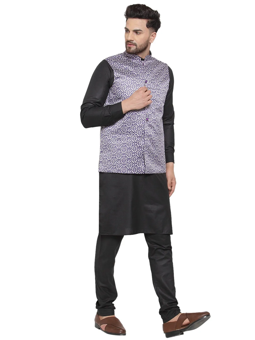 Men's Solid Cotton Kurta Pajama with Printed Waistcoat ( JOKP WC 4061 Purple-B ) - Virat Fashions