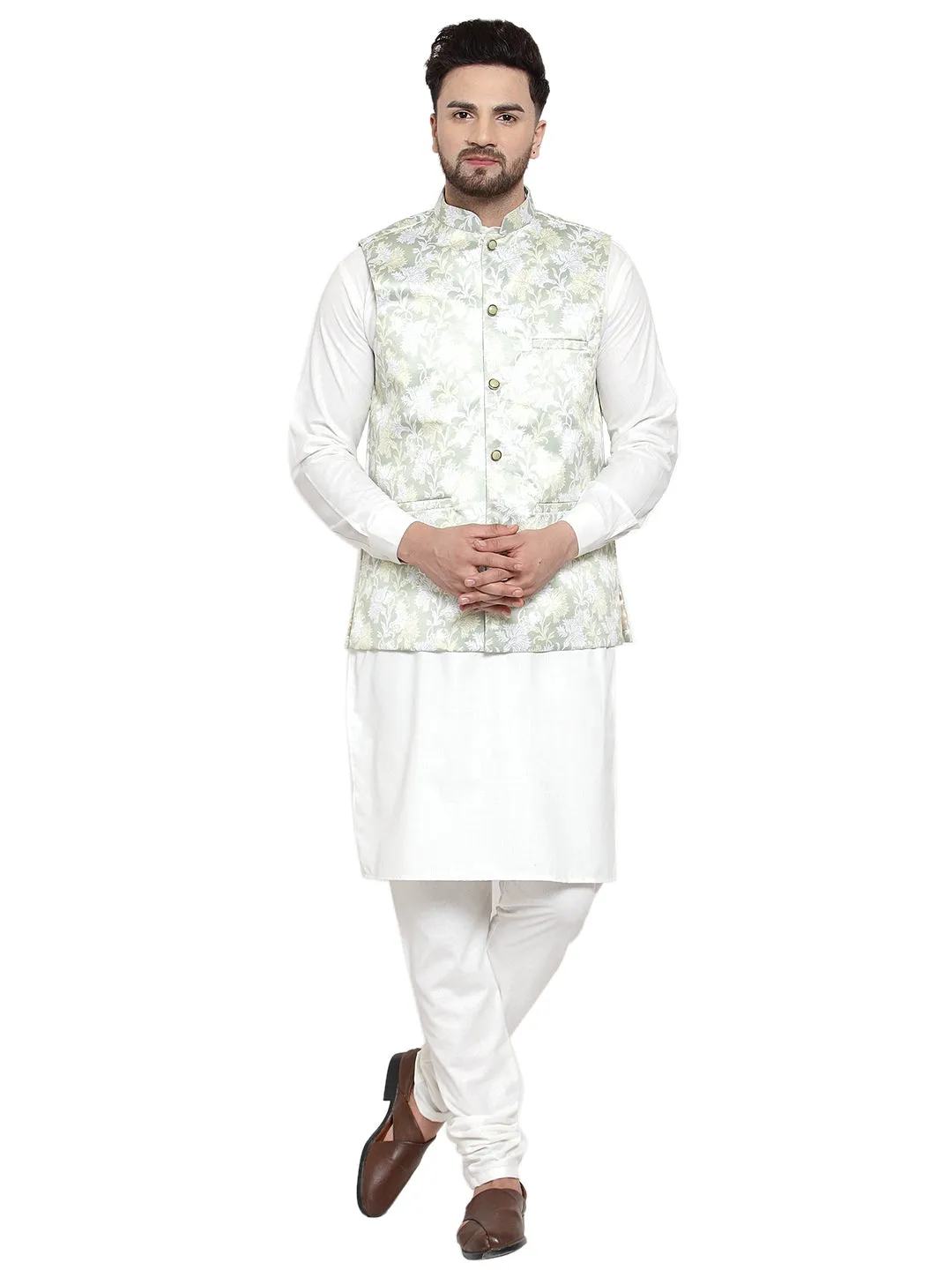 Men's Solid Cotton Kurta Pajama with Printed Waistcoat ( JOKP WC 4062 LIme-W ) - Virat Fashions