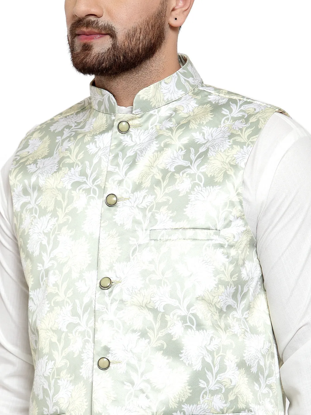 Men's Solid Cotton Kurta Pajama with Printed Waistcoat ( JOKP WC 4062 LIme-W ) - Virat Fashions