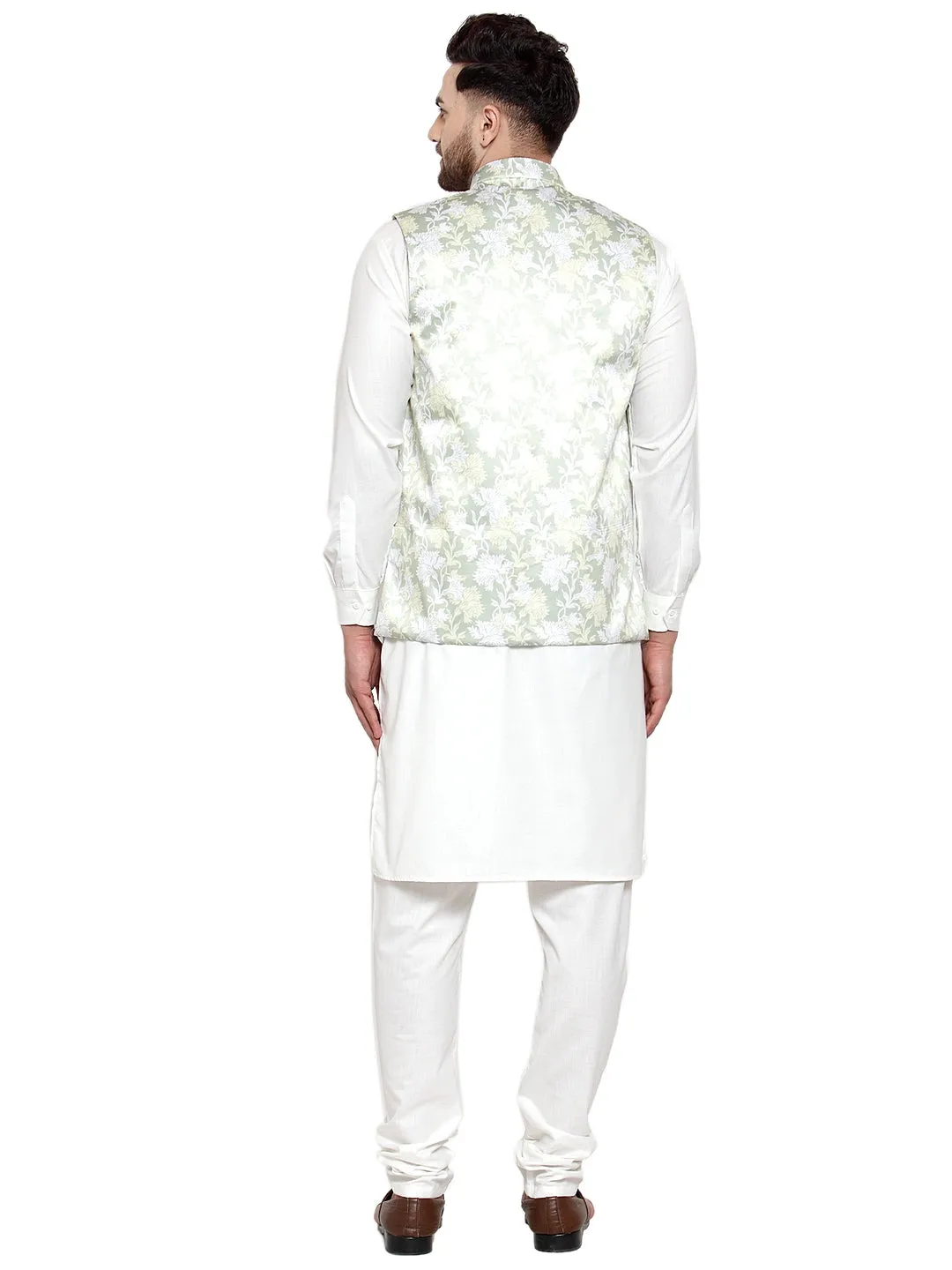 Men's Solid Cotton Kurta Pajama with Printed Waistcoat ( JOKP WC 4062 LIme-W ) - Virat Fashions