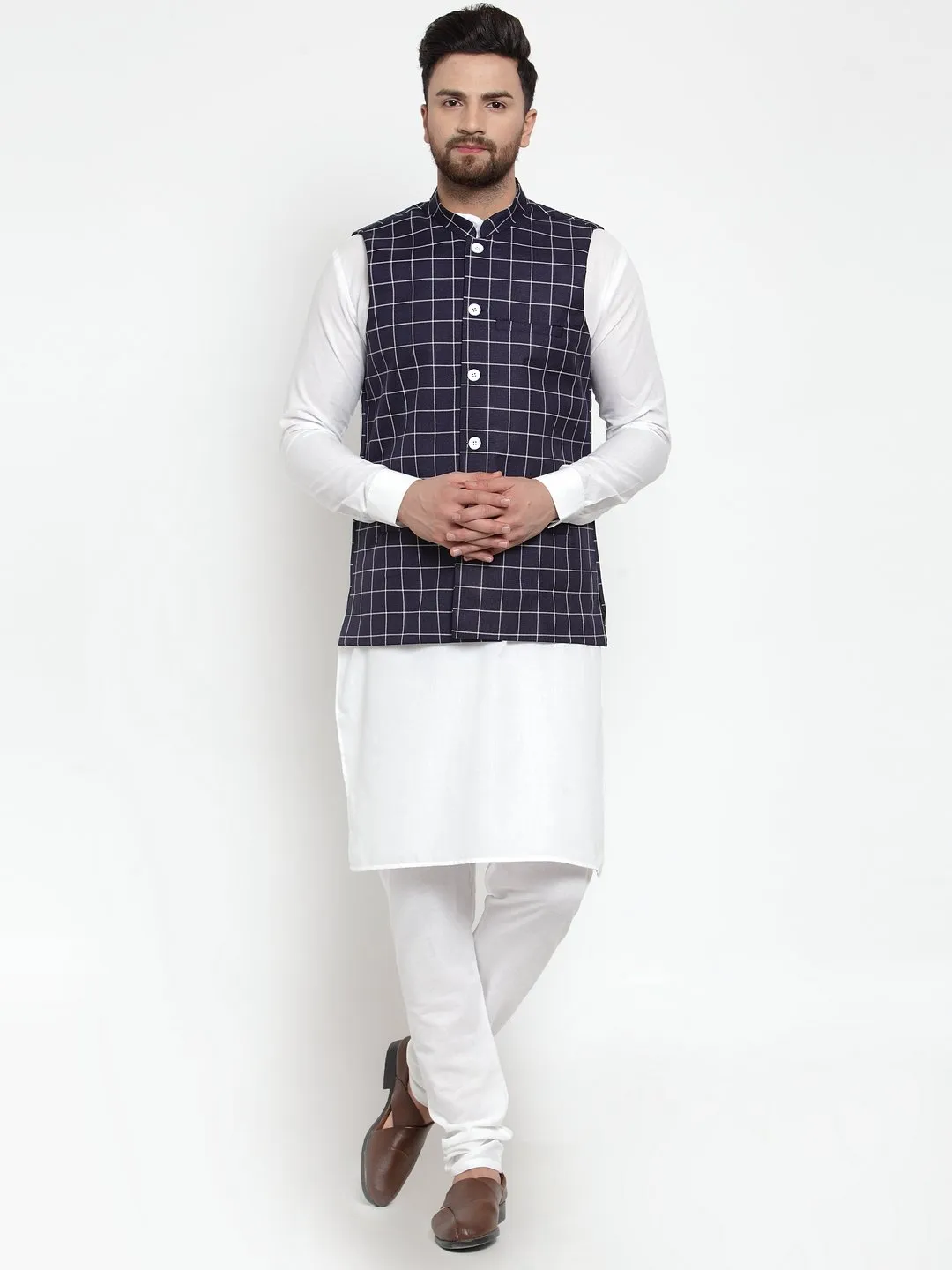 Men's Solid Kurta Checked Waist Coat  with Churidar - Virat Fashions