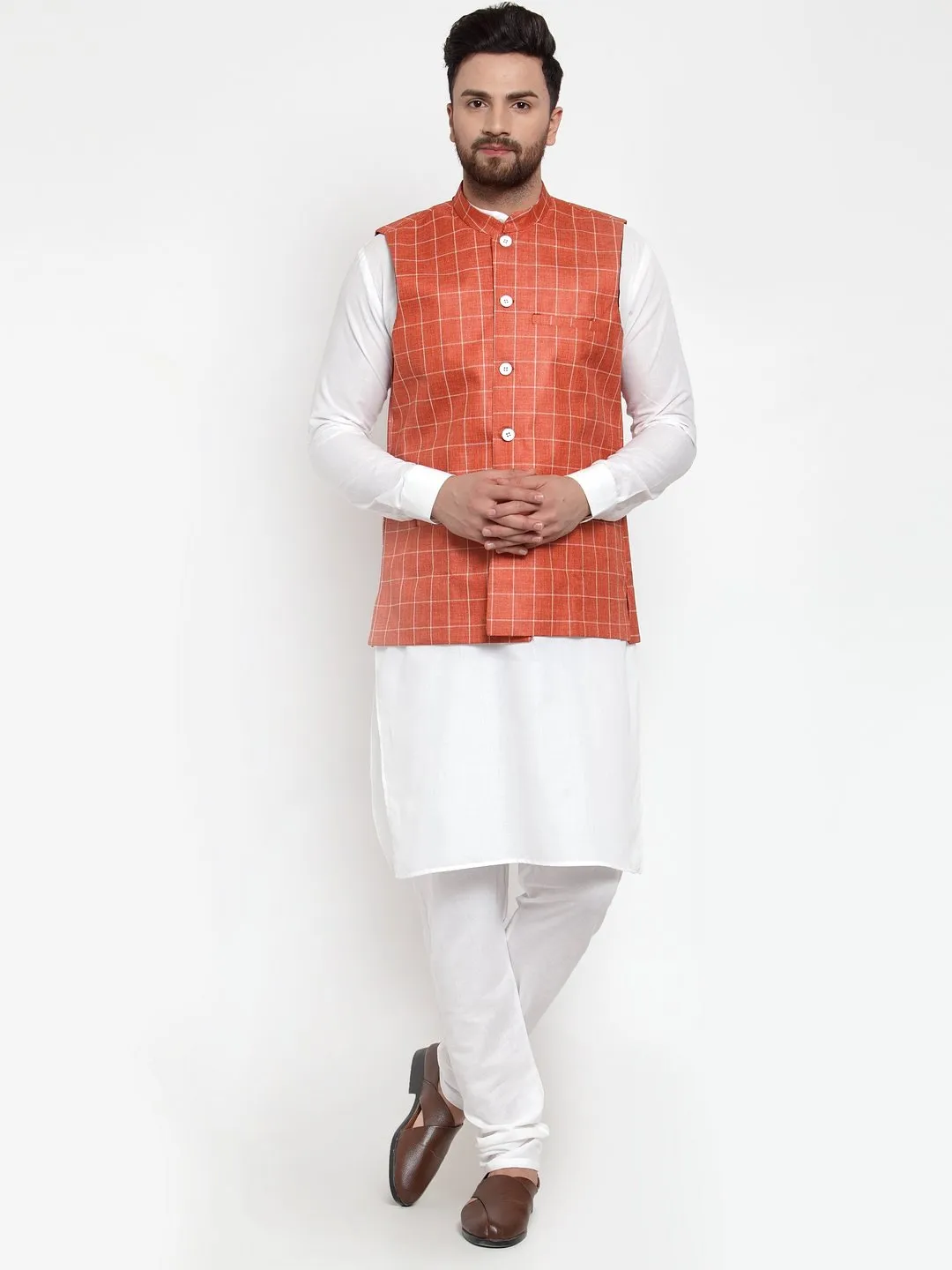 Men's Solid Kurta Checked Waist Coat  with Churidar - Virat Fashions