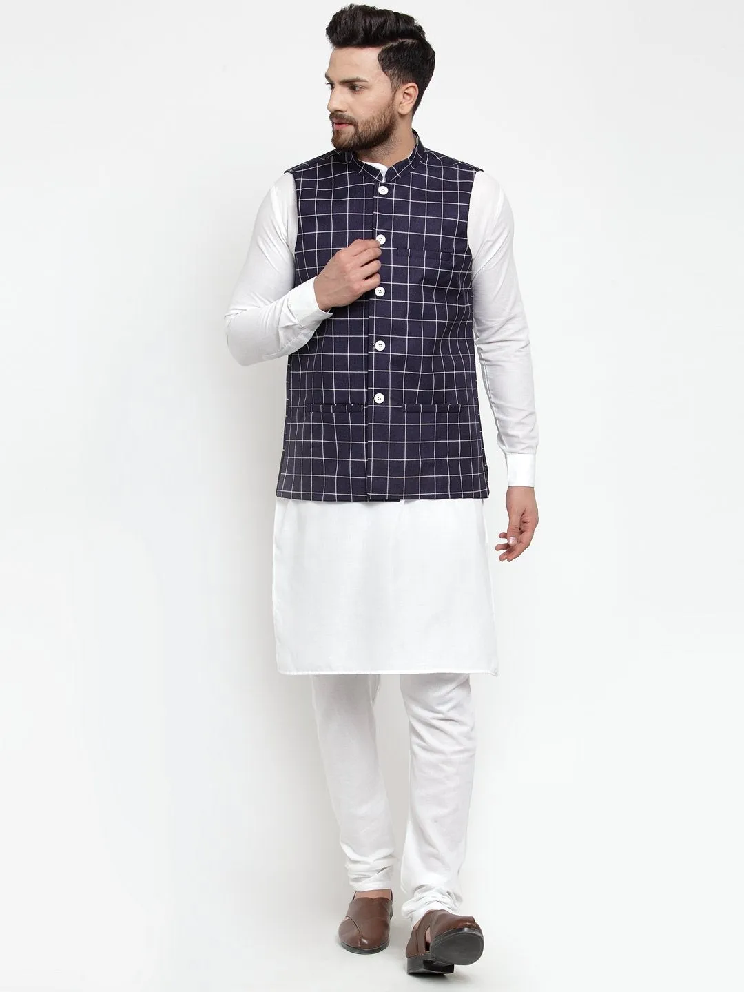 Men's Solid Kurta Checked Waist Coat  with Churidar - Virat Fashions