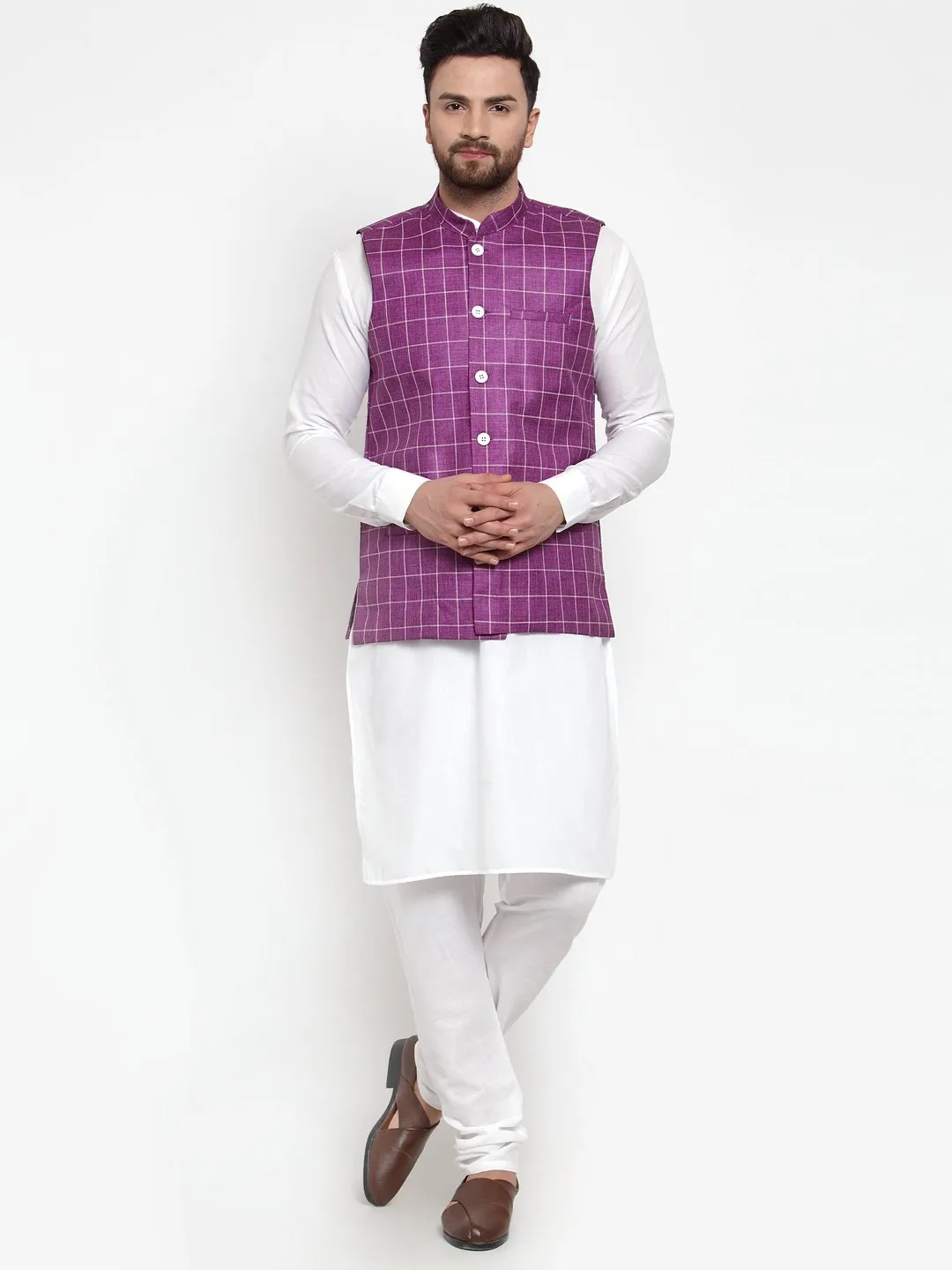 Men's Solid Kurta Checked Waist Coat  with Churidar - Virat Fashions