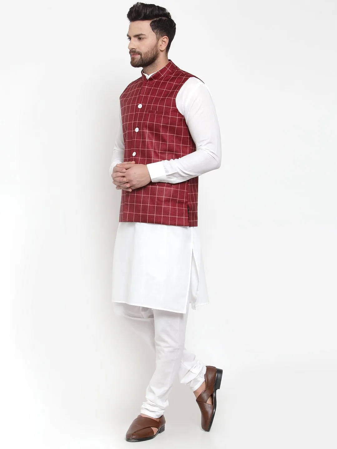 Men's Solid Kurta Checked Waist Coat  with Churidar - Virat Fashions